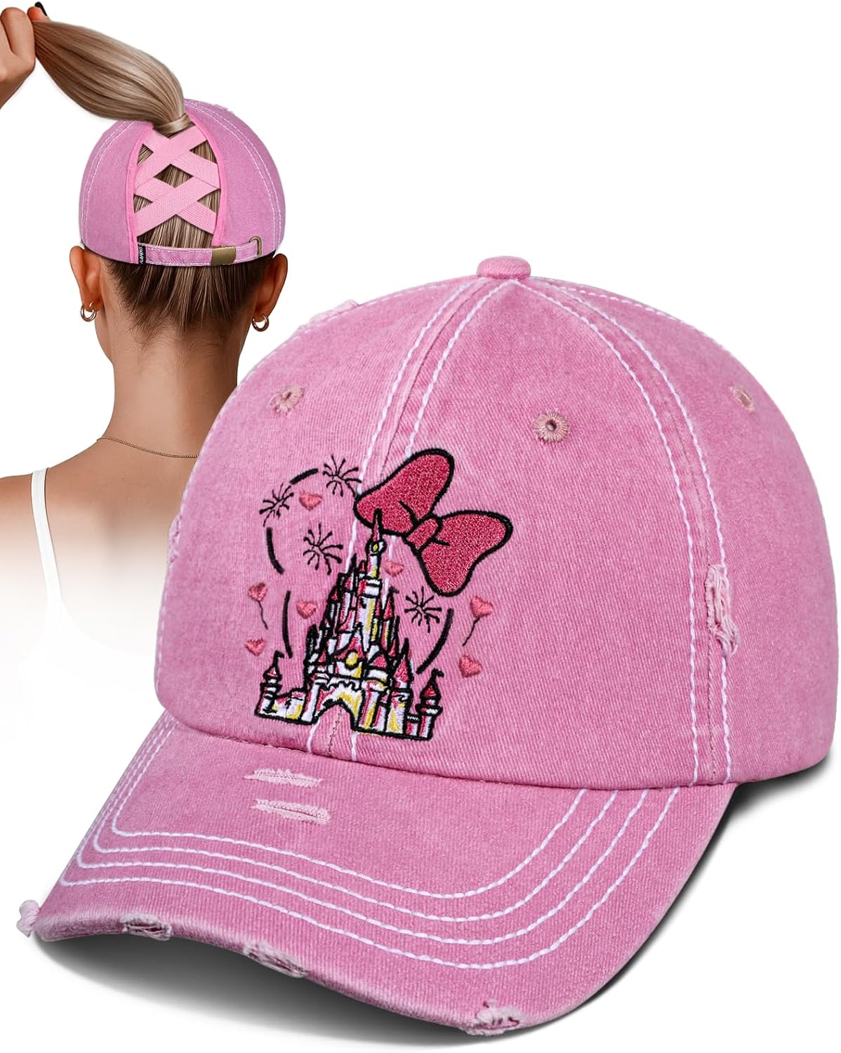 Flafens Women Pony Hats High Ponytail Baseball Caps - Cotton Vintage Washed Distressed Adjustable Criss Cross Trucker Hat