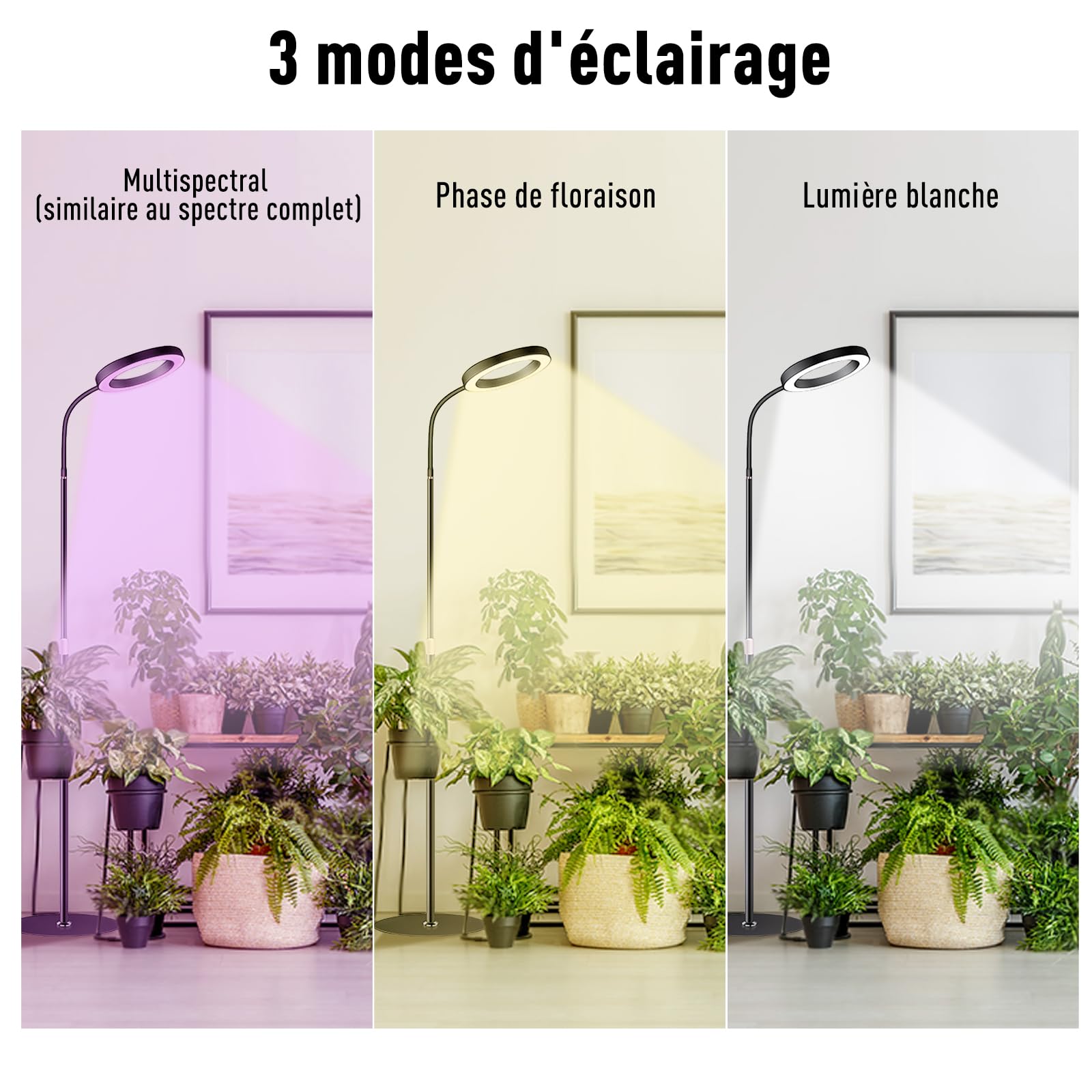 Lampe Horticole LED, Spectre Complet 380-800nm avec Minuterie 6/12/16H, 3 Modes & 10 Niveaux de Luminosité, Hauteur Réglable 57-170cm, pour Plantes d'Intérieur, Livrée avec Timer et Adaptateur