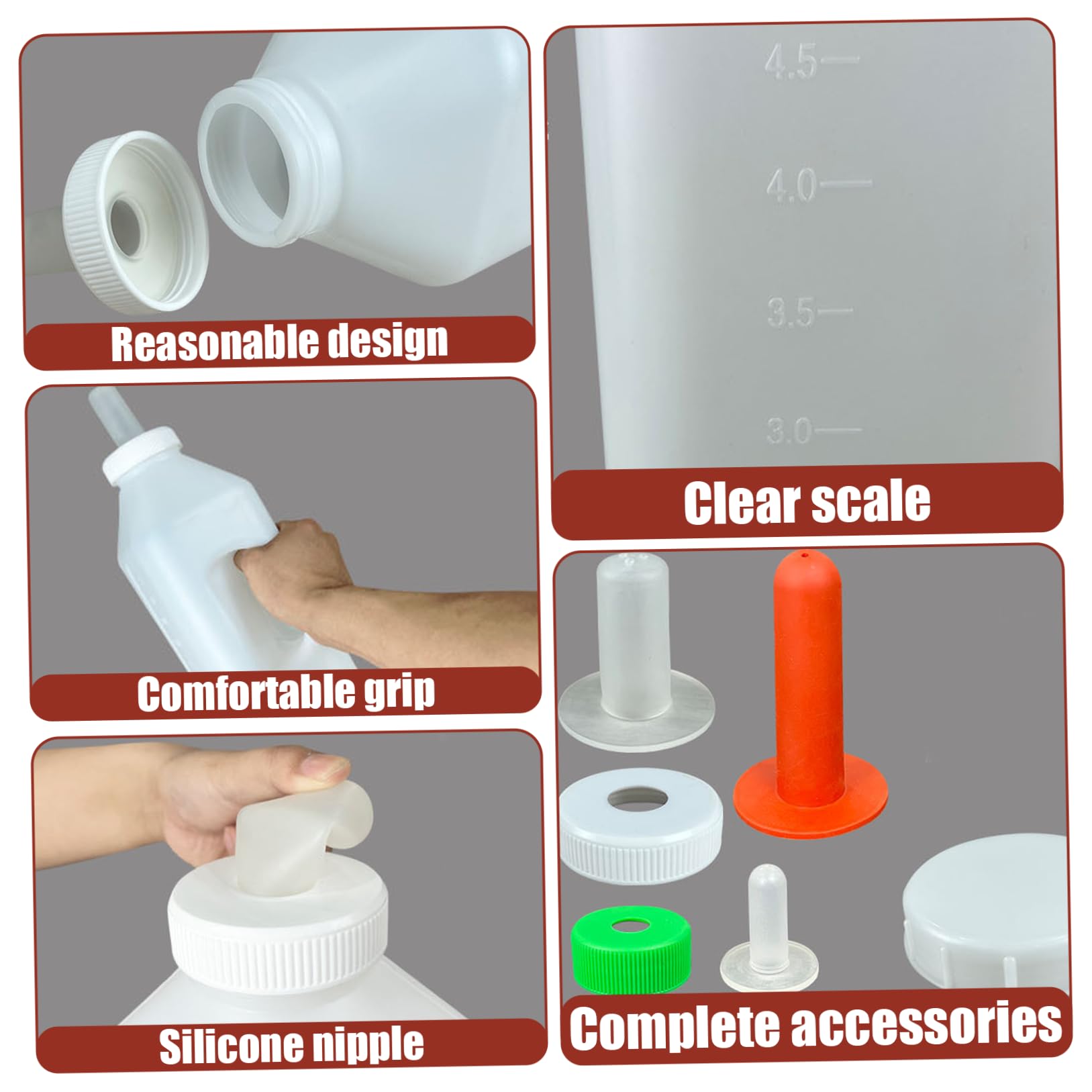 Biberon, bottiglia di vitello da 2 pezzi da 5x17 pollici 3 litri di capezzolo silicone lungo con manico ergonomico e alimentazione, bottiglie e capezzoli a prova di perdite in scala chiara.