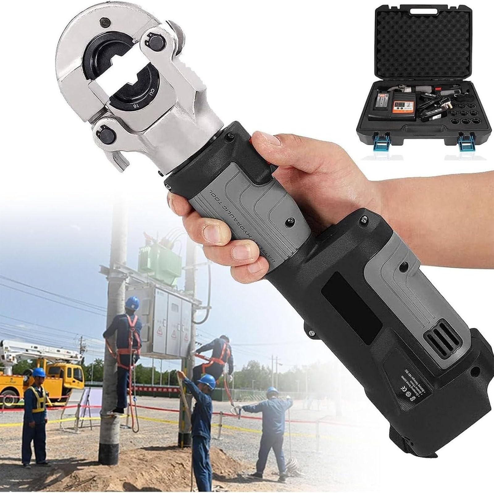 Herramienta de crimpado hidráulico recargable de 10 a 300 m², herramienta de crimpado hidráulica eléctrica con 12 pares de troqueles, crimpadora de cable alimentada por batería para terminales de