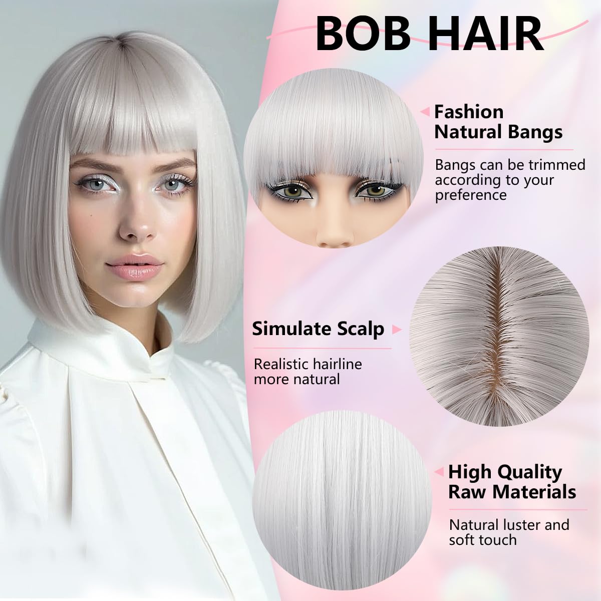 Short Bob Wig with Bangs 12Inch Coloured Straight Bob Wig for Women Girls Synthetic Heat Resistant Fiber Hair Natural Looking Cosplay Party Christmas Halloween Daily Use (Silver Grey) - Image 3