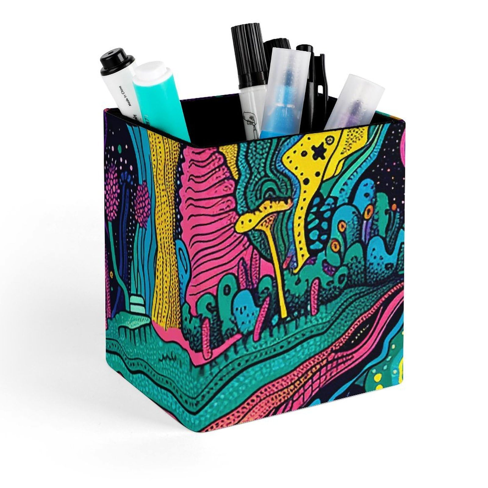 Pot à crayons carré psychédélique à lignes pour organisation de bureau