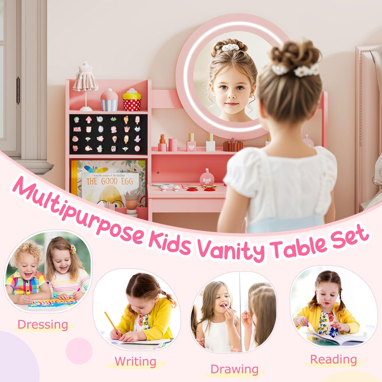 FANTASK Kinderschminktisch Set, Schminktisch Holz mit Spiegel, Regalen & gepolstertem Hocker, Frisiertisch mit Beleuchtung, Kosmetiktisch für Mädchen ab 3 Jahren (Rosa)