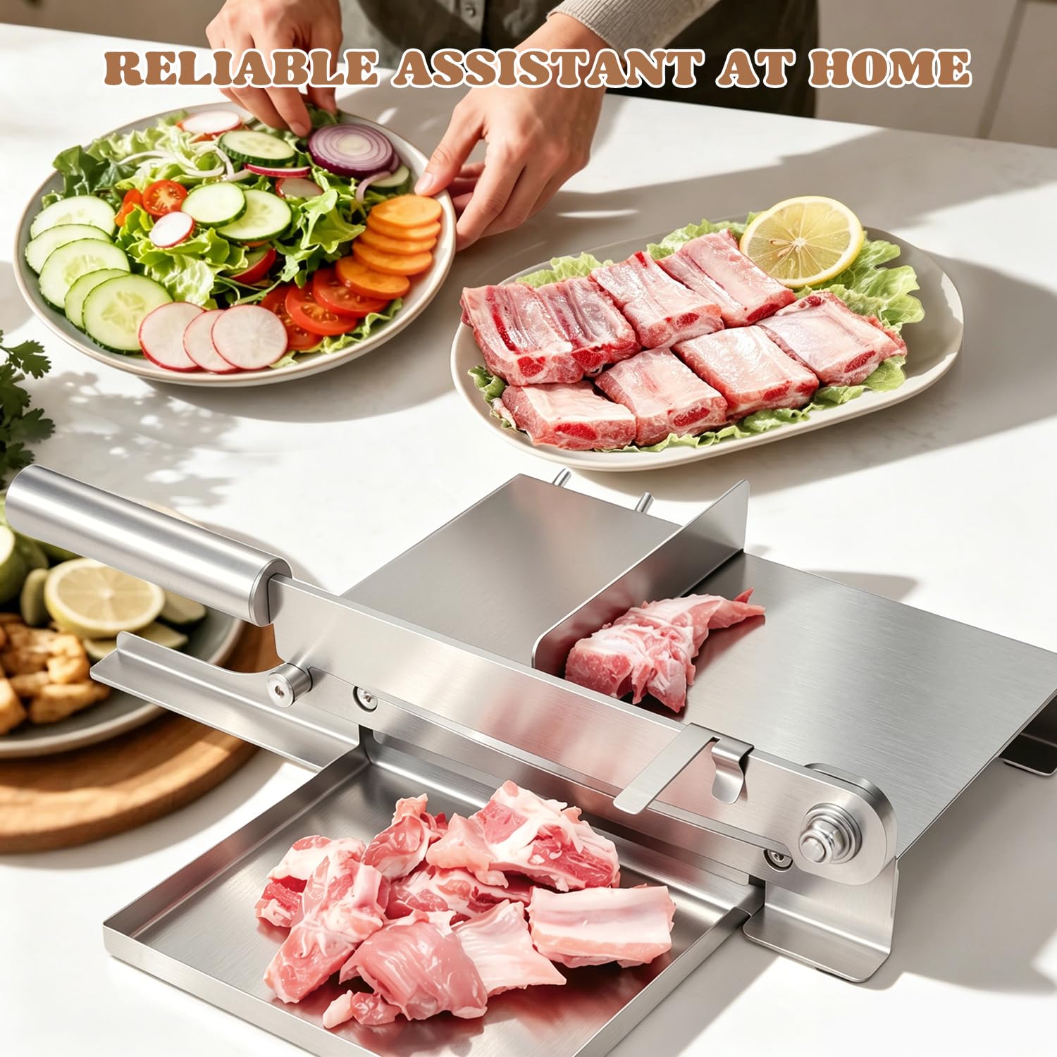 Moongiantgo Manueller Fleischschneider Handbuch Rippen Fleischschneider Biltong Slicer mit Abnehmbarer Skala, 190mm Klingenlänge für Kräuter Ginseng Nougat Speck Schinken Gemüse Delikatessen (KD0270)