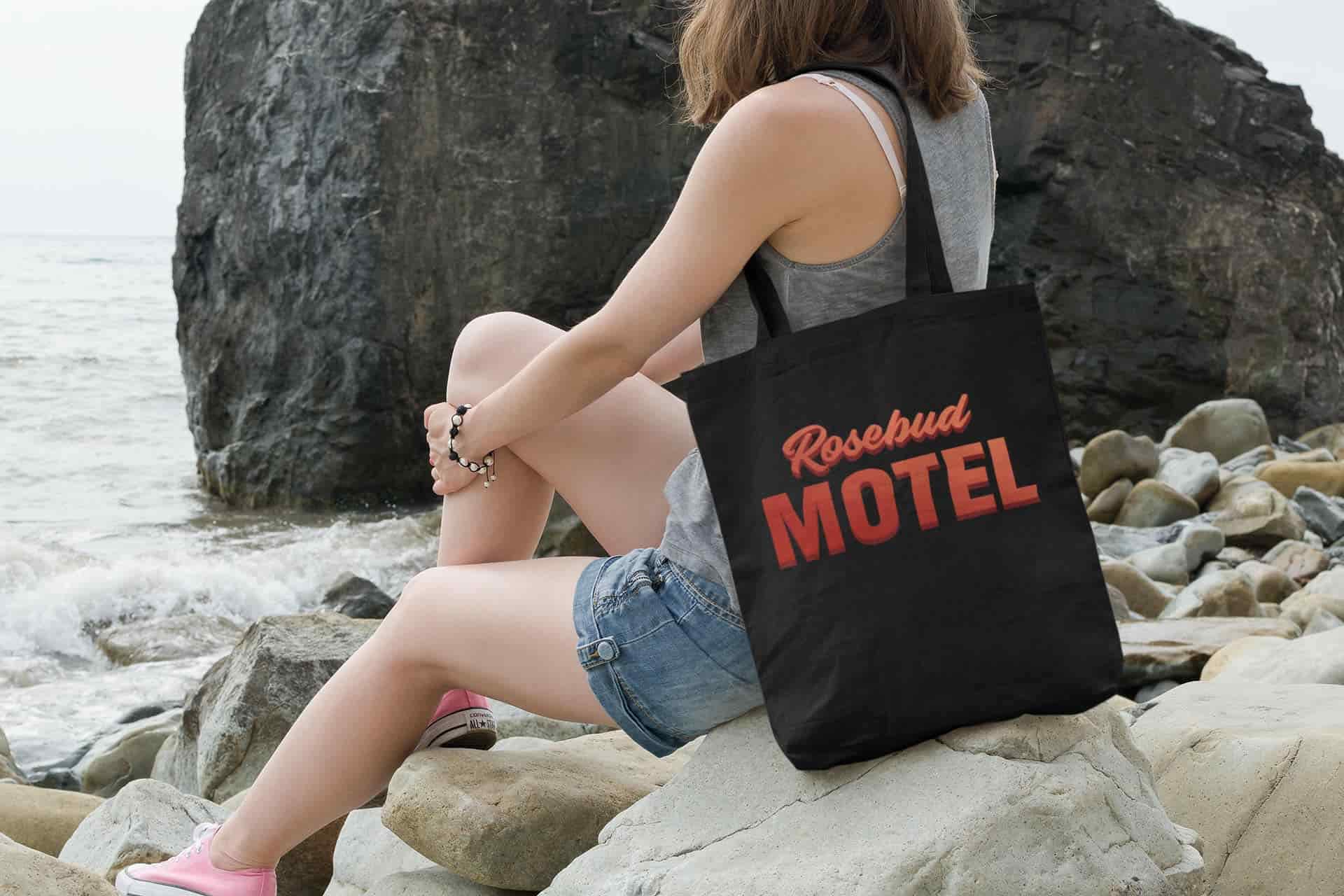 Pop Threads Rosebud Motel Logo Retro Funny Rose Family Natural 15x15 inches Large Canvas Tote Bag