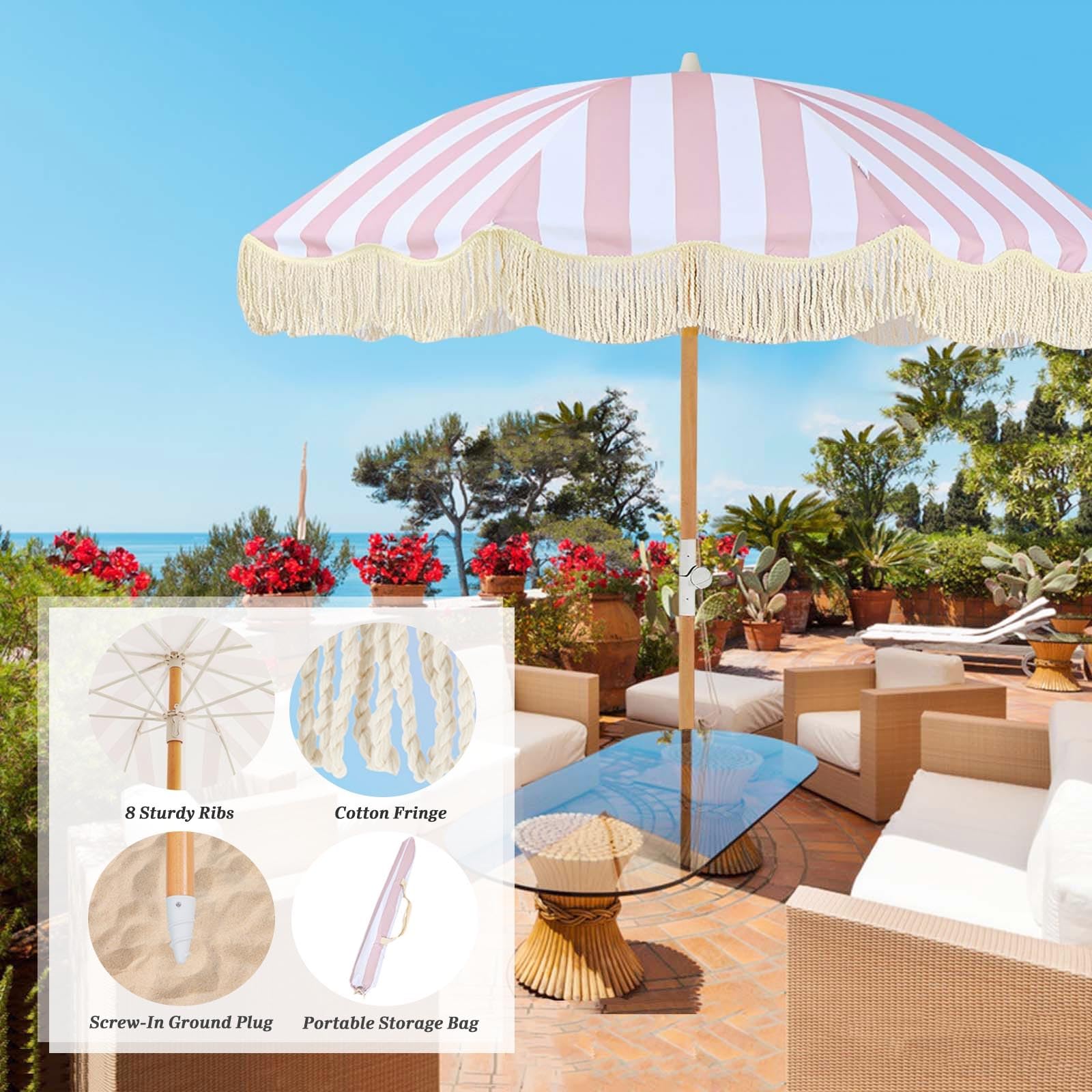 6ft red white striped patio umbrella With Fringe Pink Beach Umbrella For Sand UPF50+ UV Protection Outdoor Boho Umbrella With Tassels With Carry Bag Table Umbrella Heavy Duty With Tilt For open feature separate within 2019 Salomon XDR 88 1310C01 Color:WINE BERRY