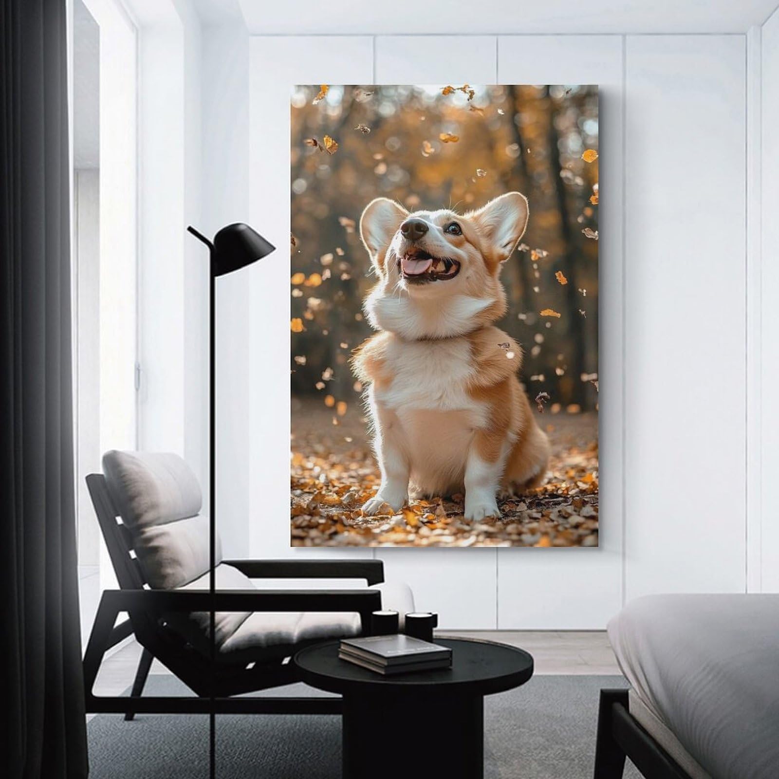 Junmoney Unframe-Style-9 Canvas Wall Art Happy Corgi In Autumn Leaves, 08X12inch(20X30cm), For Bedroom, Lounge Or Dressing Area, Canvas Wall Decor For Personal Spaces