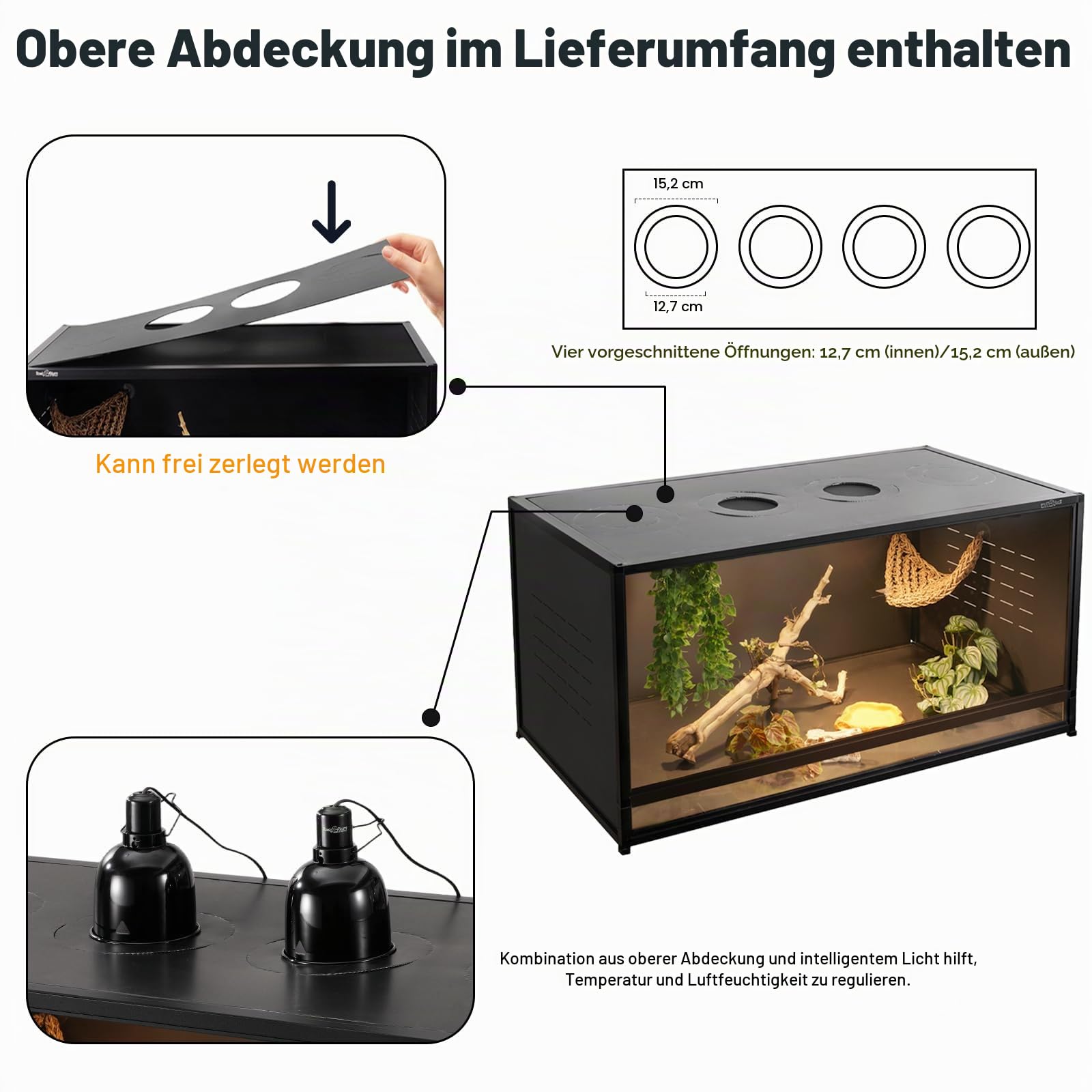 Reptilien-Tank, 122 Liter, 121,9 x 61 x 61 cm, großes Reptiliengehege für Bartdrachen und Kugelpython, Schlangen-Terrarium mit robuster Frontschiebetür aus gehärtetem Glas, Zahlenschloss