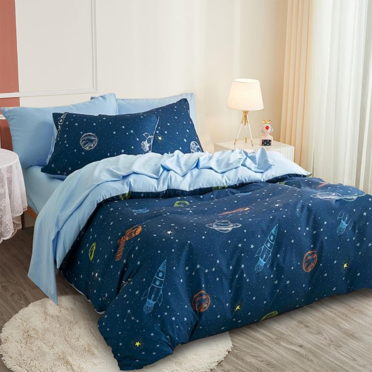 Freyamy Kinder Bettwäsche 135x200cm Blau Marineblau Bunt Weltraum Rocket Jungen Kinderbettwäsche Mikrofaser Sterne Rakete Babybettwäsche Bettbezug mit Reißverschluss und Kissenbezug 80x80cm