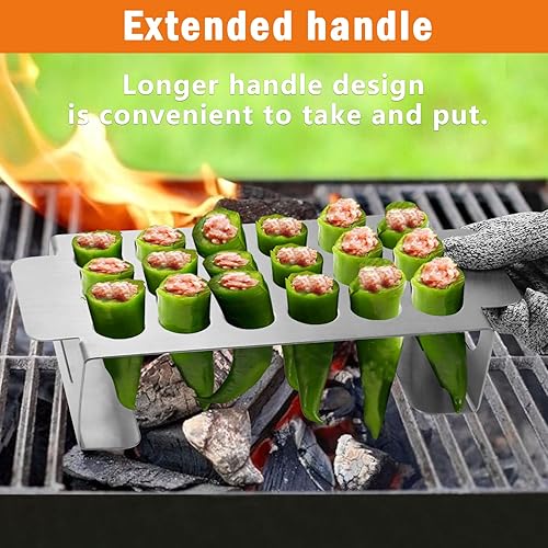 Miniatura 5 de Rejilla de jalapeño de 18 agujeros para chile, parrilla de acero inoxidable con asa para chile, patas de pollo, jalapeño Popper Rack para barbacoa,