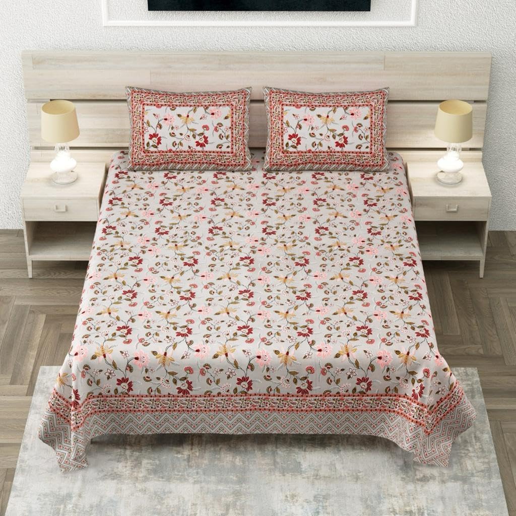 Paradise HOME FASHION Serene 220 TC 100% Cotton Bedsheet for Double Bed, Double Bedsheet Cotton with 2 Pillow Covers (Size 108 x 108 inches); Wrinklefree, Soft Touch and Fade Resistant; (Cream-Peach)