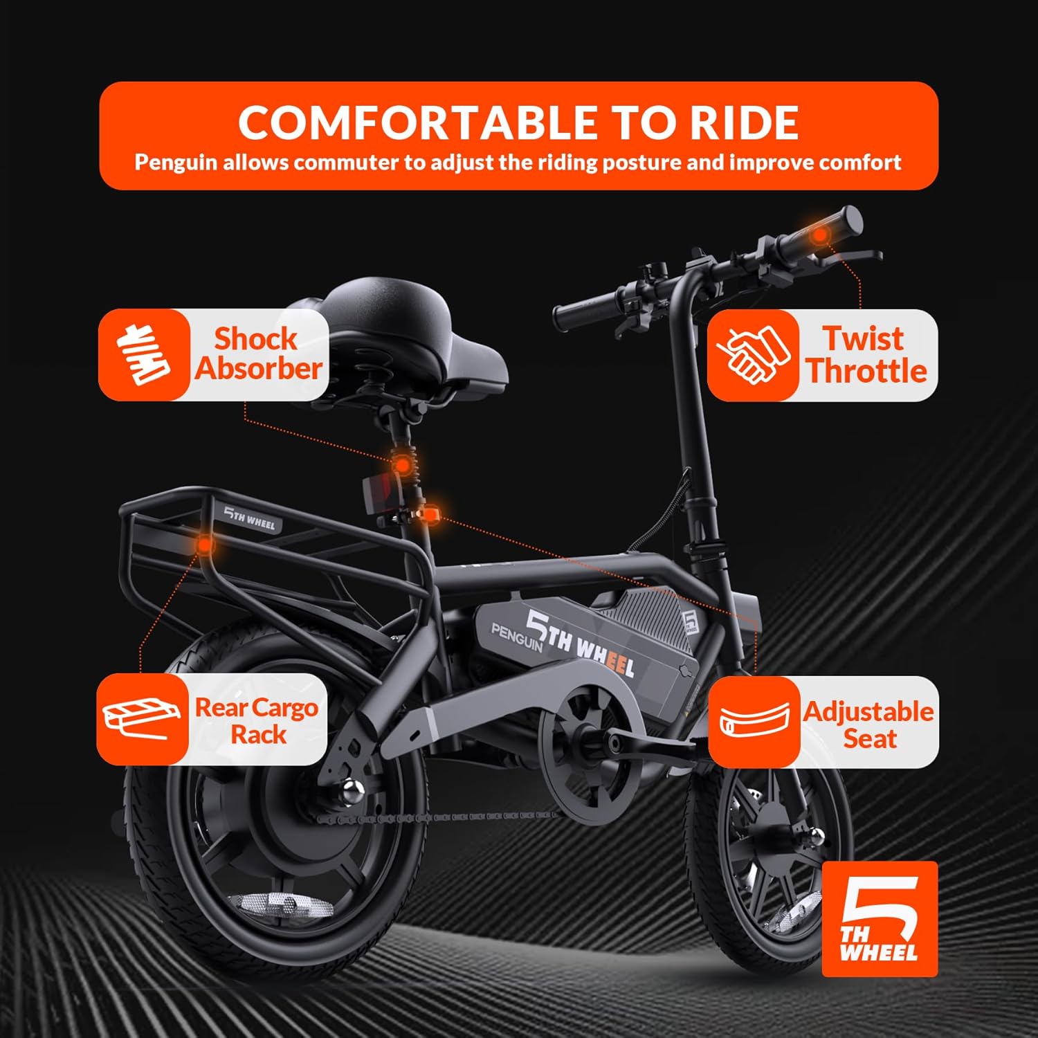 Dimensions and recommended rider height for the 5TH WHEEL Penguin Electric Bike
