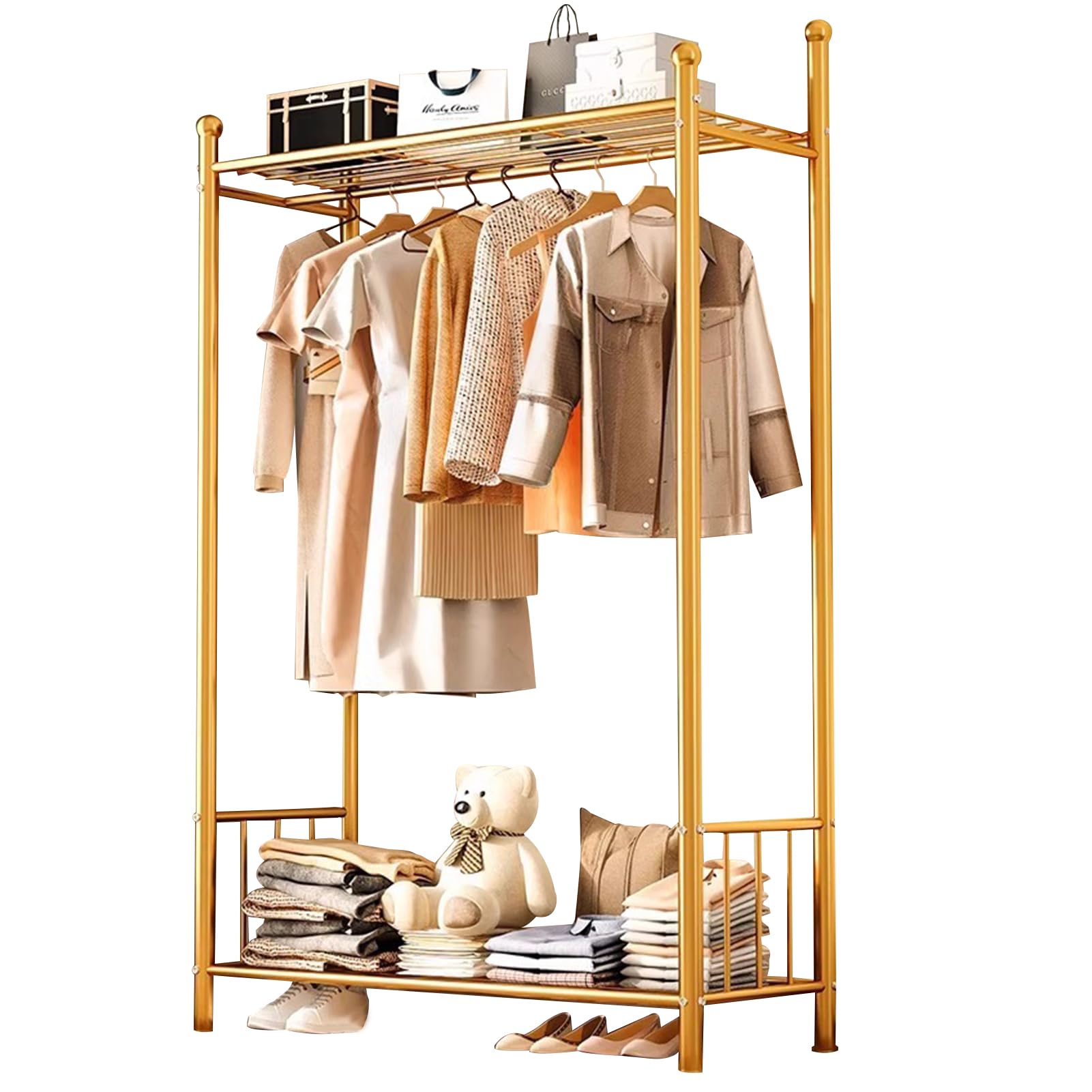 Beauenty Clothing Garment Rack, Double Level Clothes Rack Organizer with Bottom Shelf, Durable Large Load Capacity Metal Clothing Rack for Bedroom (2 Tier, Gold)