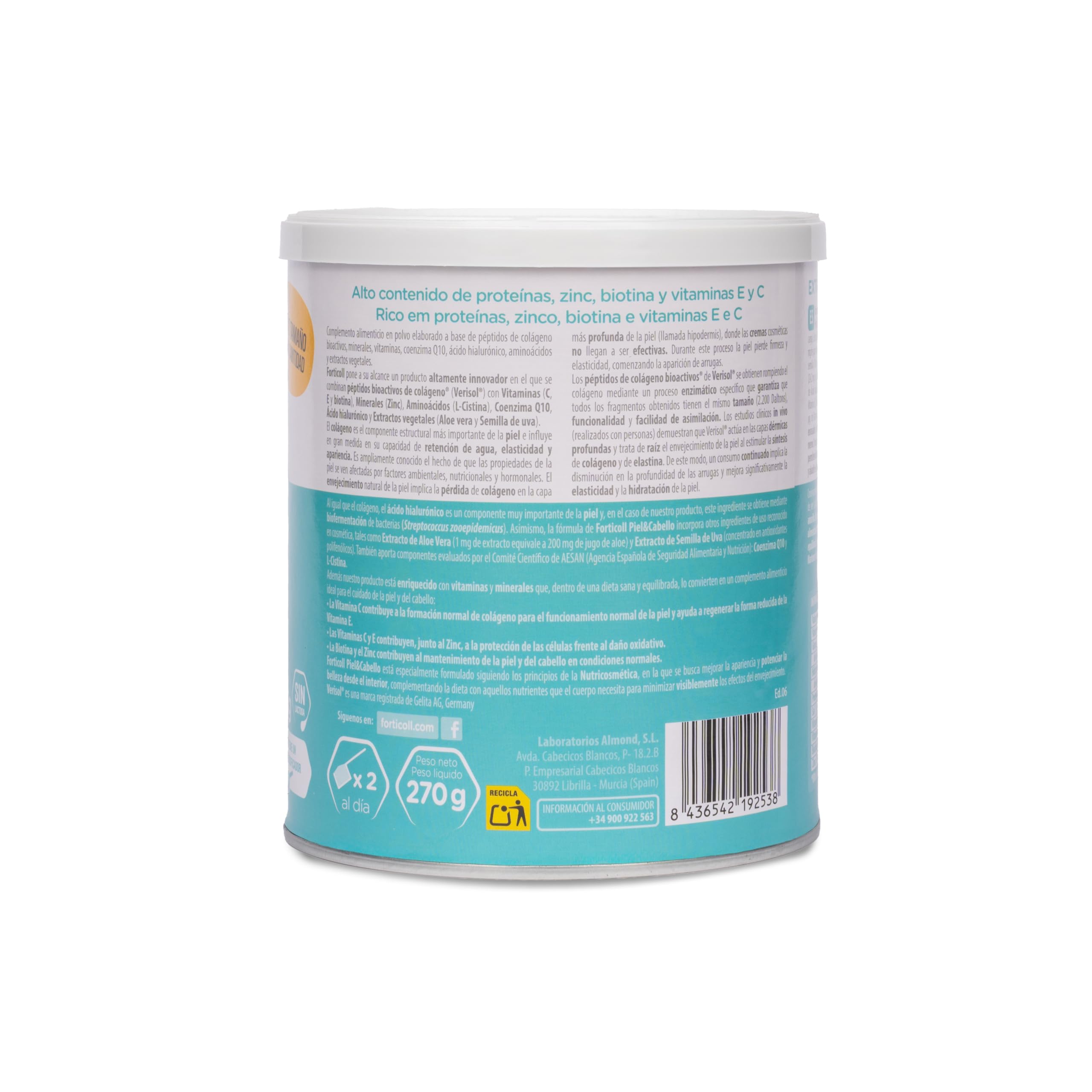 FORTICOLL Colágeno Bioactivo, Complemento Alimenticio, Sin Gluten, Sin Lactosa, Piel y Cabello Regenerador de Tejidos, 270 Gramos, Pack 6 Unidades