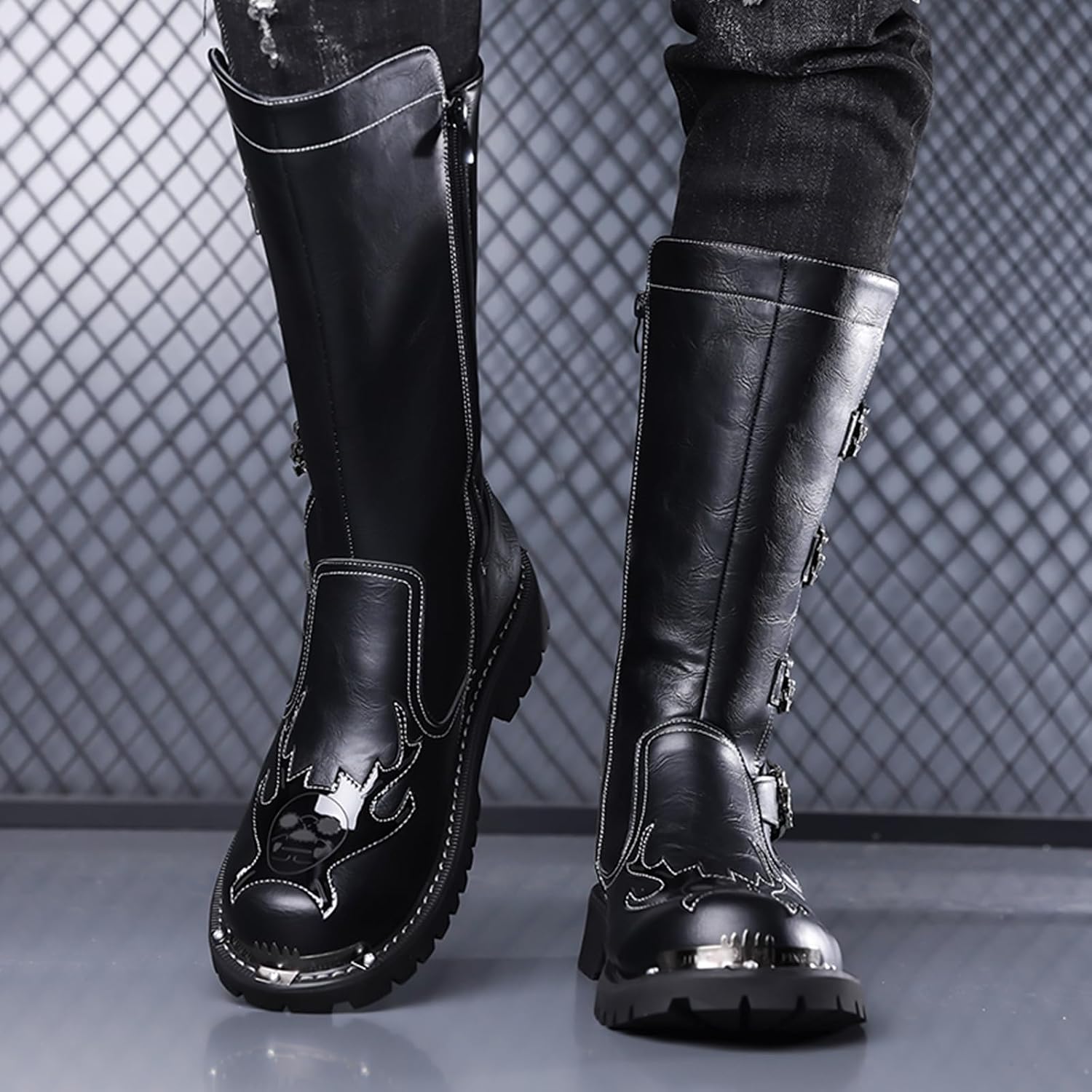 Men's Leather Thick-Soled Non-Slip Motorcycle Boots Waterproof Thick-Soled Work Boots Suitable For Motorcycle Riding, Rock Concerts