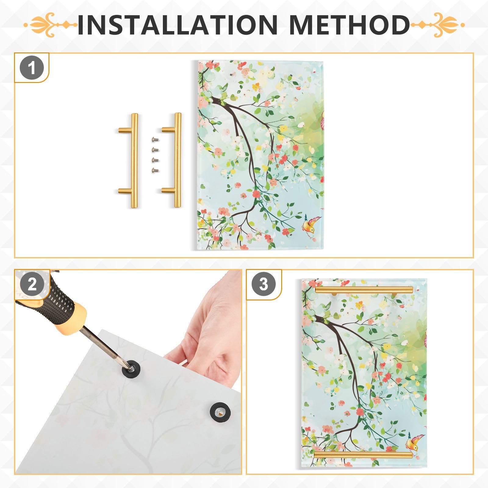 Spring Pear Blossom Birds Green Decorative Breakfast Trays with Handles Plastic Food Tray for Jewelry Perfume for Square Serving bandeja para desayuno