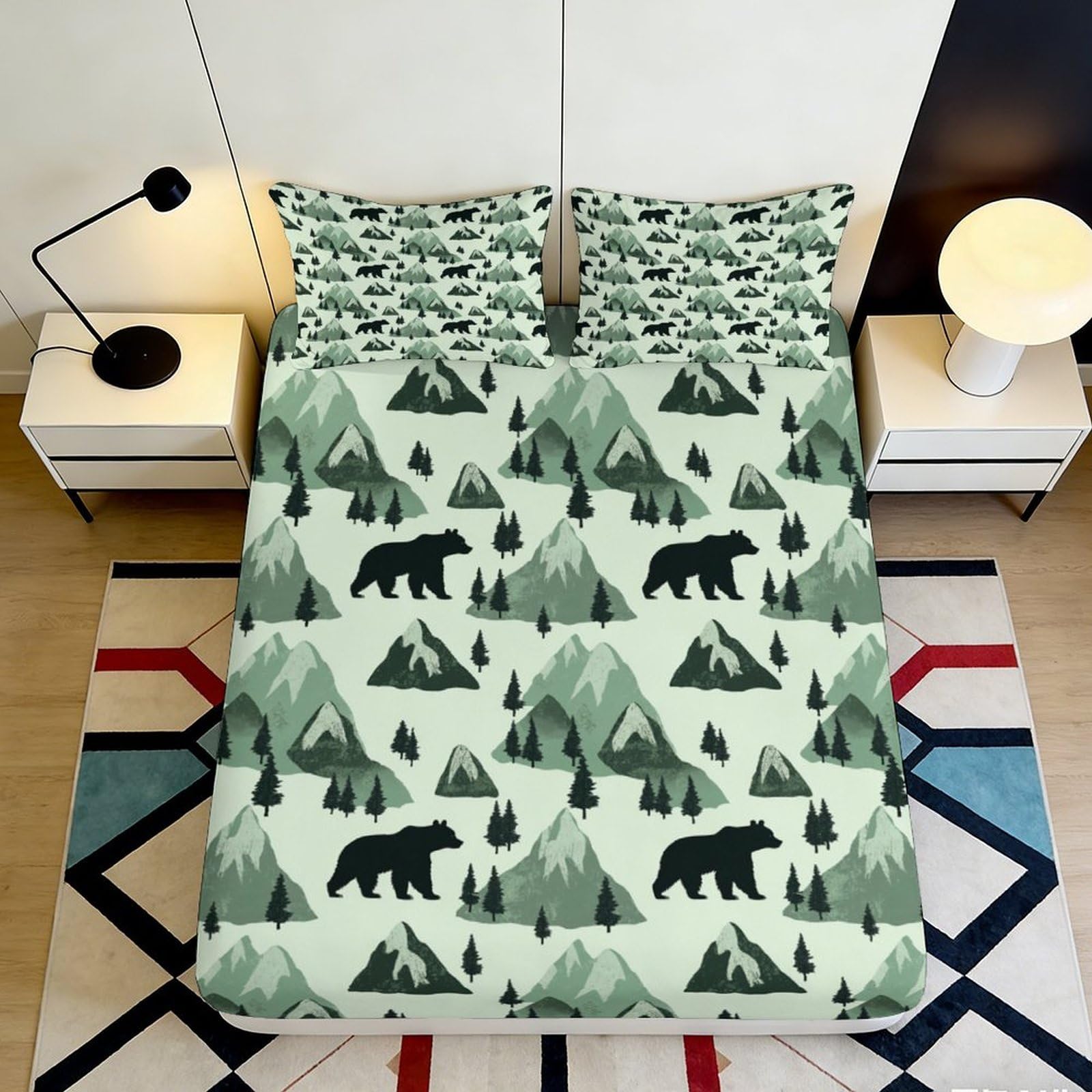 Pnayamiorkfel Style-1 3D Printed Bear Mountain Fitted Sheet Microfiber Soft Breathable Forest Trees Mattress Cover For Bedroom Decor 90X200x25cm