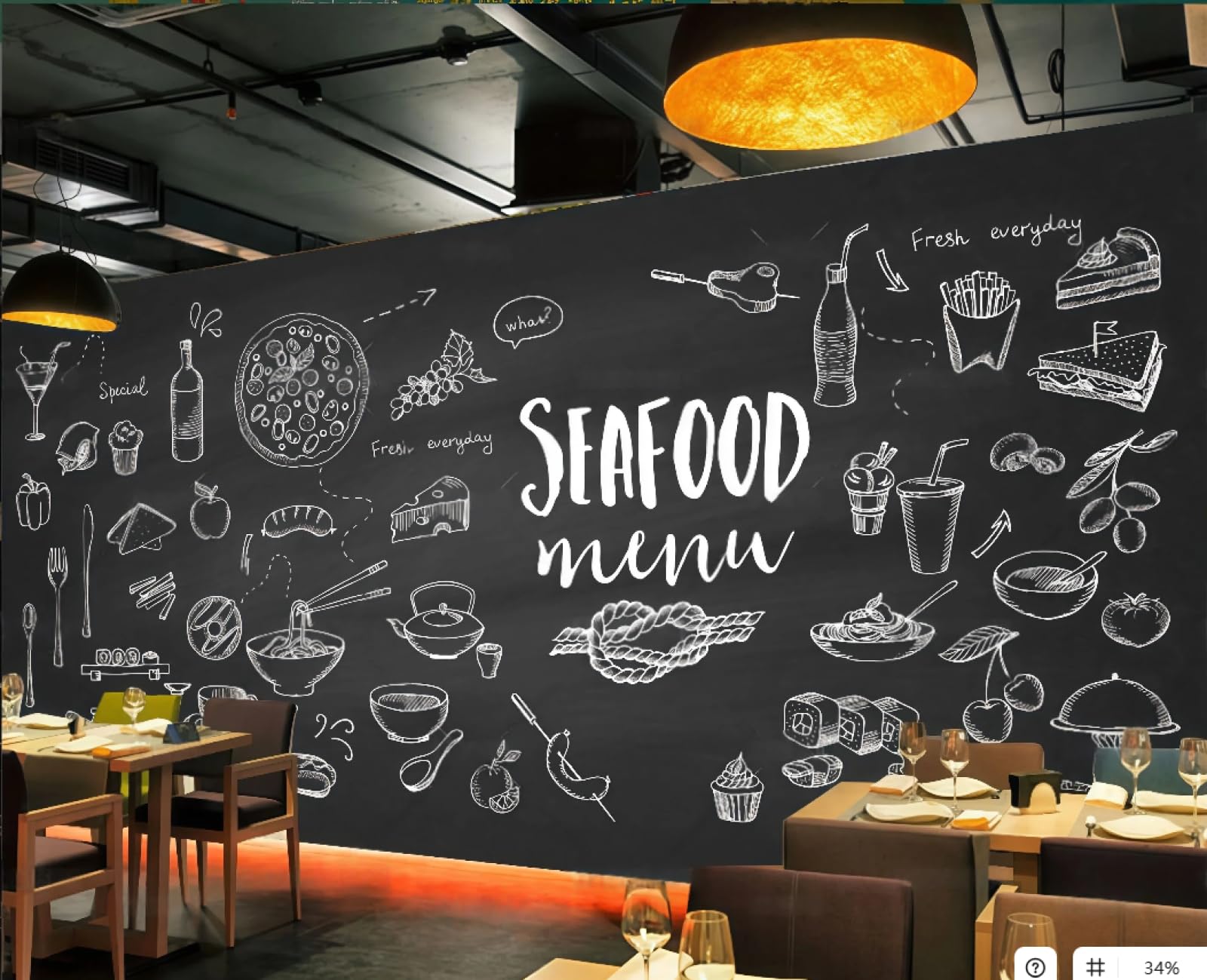 XDOUBAO Wallpaper Hand-Painted Blackboard Gourmet Menu Pizza Burger Theme Dessert Shop Afternoon Tea Western Restaurant Background Wall Wallpaper Coffee Shop Mural,3D,150x105cm