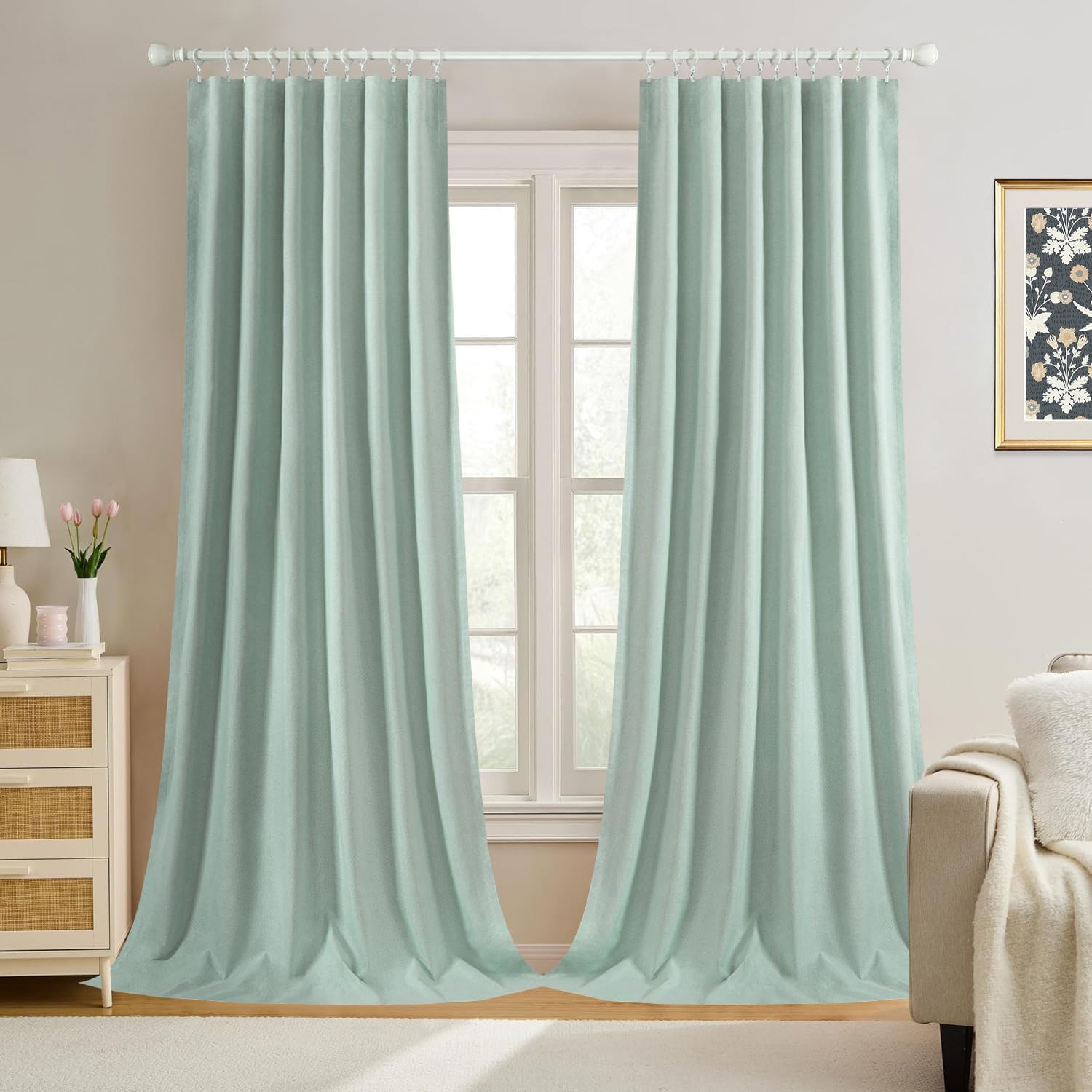 Leeva Living Room Blackout Curtains 52x63 Inches - Sage Green Lightweight Room Darkening Drapes with 4 Hanging Options, Rod Pocket & Back Tab, Machine Washable & Wrinkle-Resistant