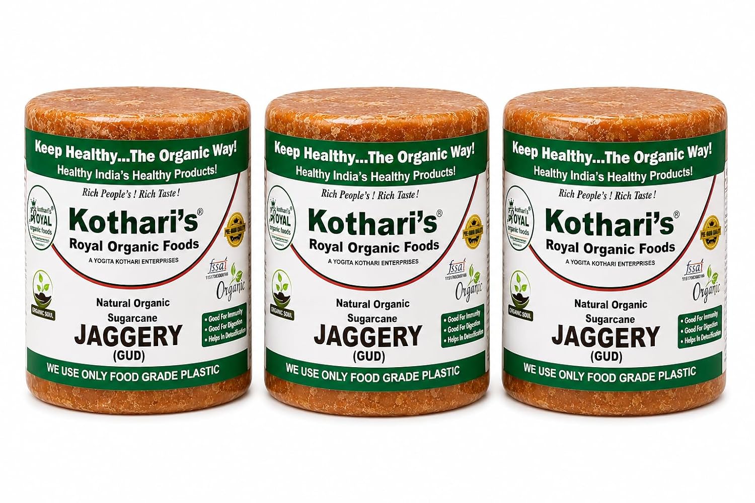 Kothari’s Royal Organic Foods Sugarcane Jaggery, Pack of 3, 2998 Gm | Gud/Gur Block, Pure & Natural, No Preservatives