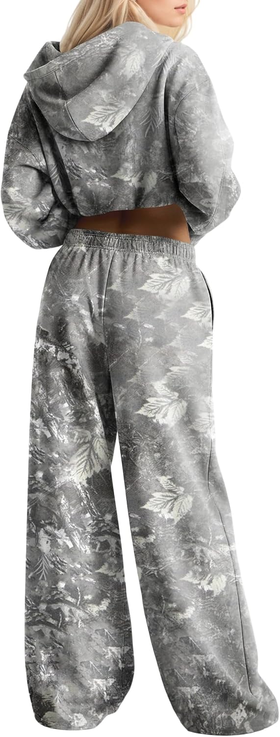 Women 2 Piece Lounge Outfits Camo Hoodies Sweatpants Sets Maple Leaf Print Hooded Sweatshirt Sweatpants Tracksuits - Image 2