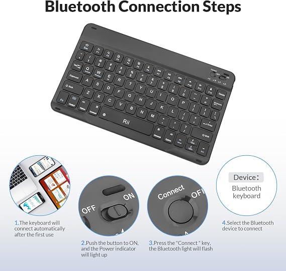 Rii Bluetooth Keyboard, Slim Wireless Keyboard with Type-C Charging, Portable Keyboard for iPad Mac Windows Android Tablets Samsung Tablet Laptop Smartphone