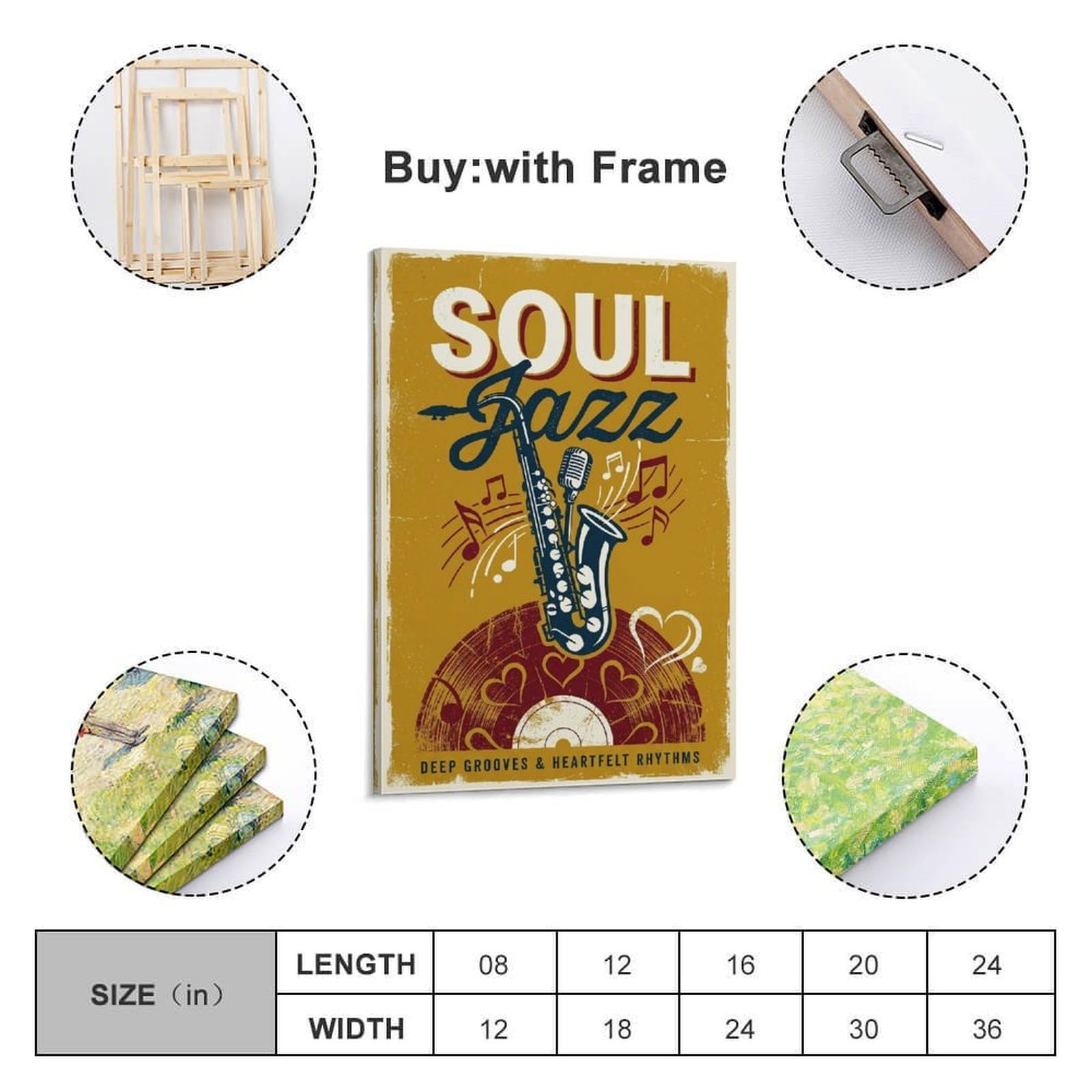 OKNGB Musikposter mit Saxophon und Vinyl-Schallplatten-Poster, Motiv: Soul, Jazz, Vintage-Stil, dekoratives Gemälde, Leinwand, Wandposter und Kunstdruck, moderne Familienschlafzimmer-Dekoration