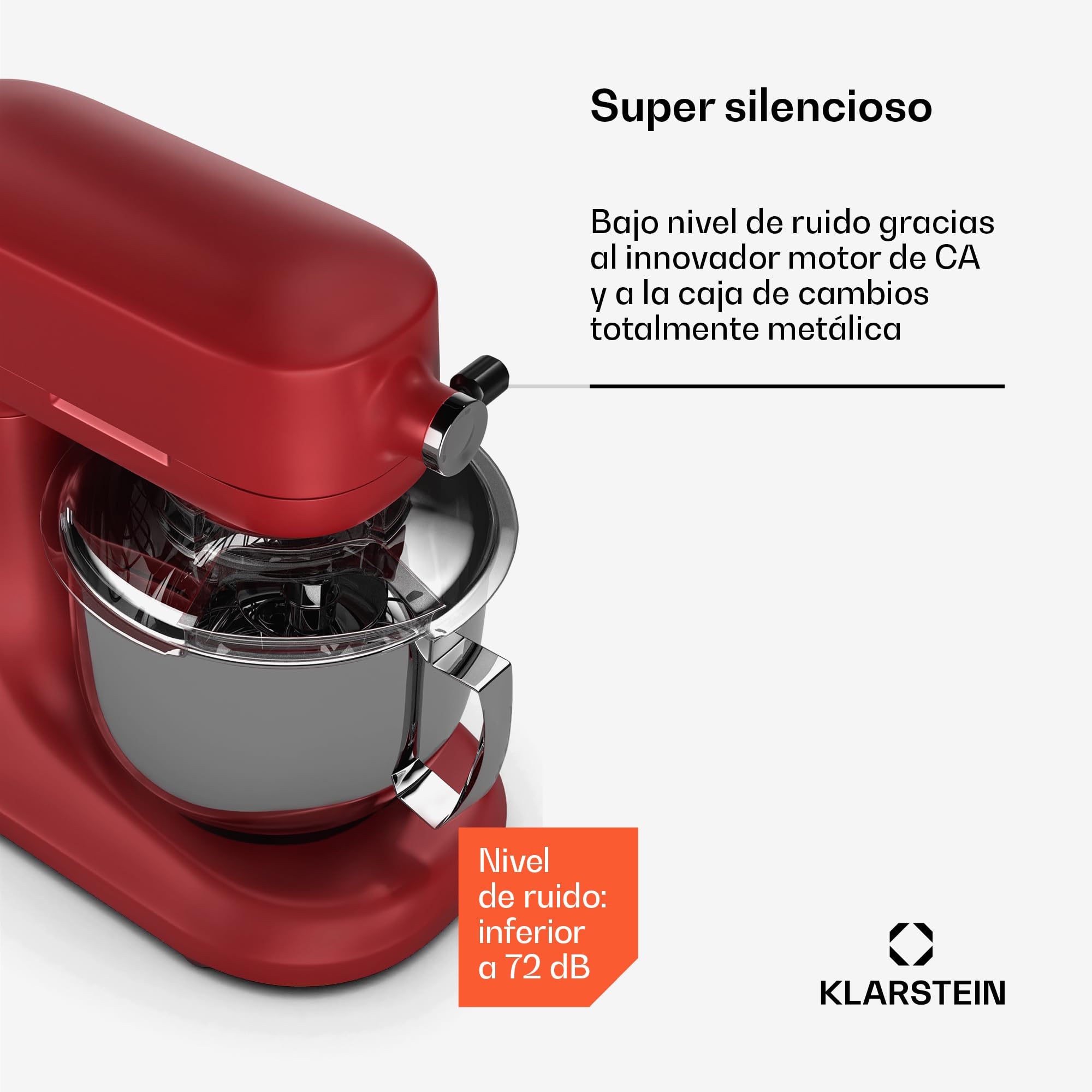 Klarstein Chiara Robot de Cocina 1600W – Bol 5L Acero Inoxidable, 12 Velocidades, Pantalla Táctil LCD, Silencioso ≤72dB, Accesorios Apto Lavavajillas, Carcasa de Aluminio Fundido, Rojo
