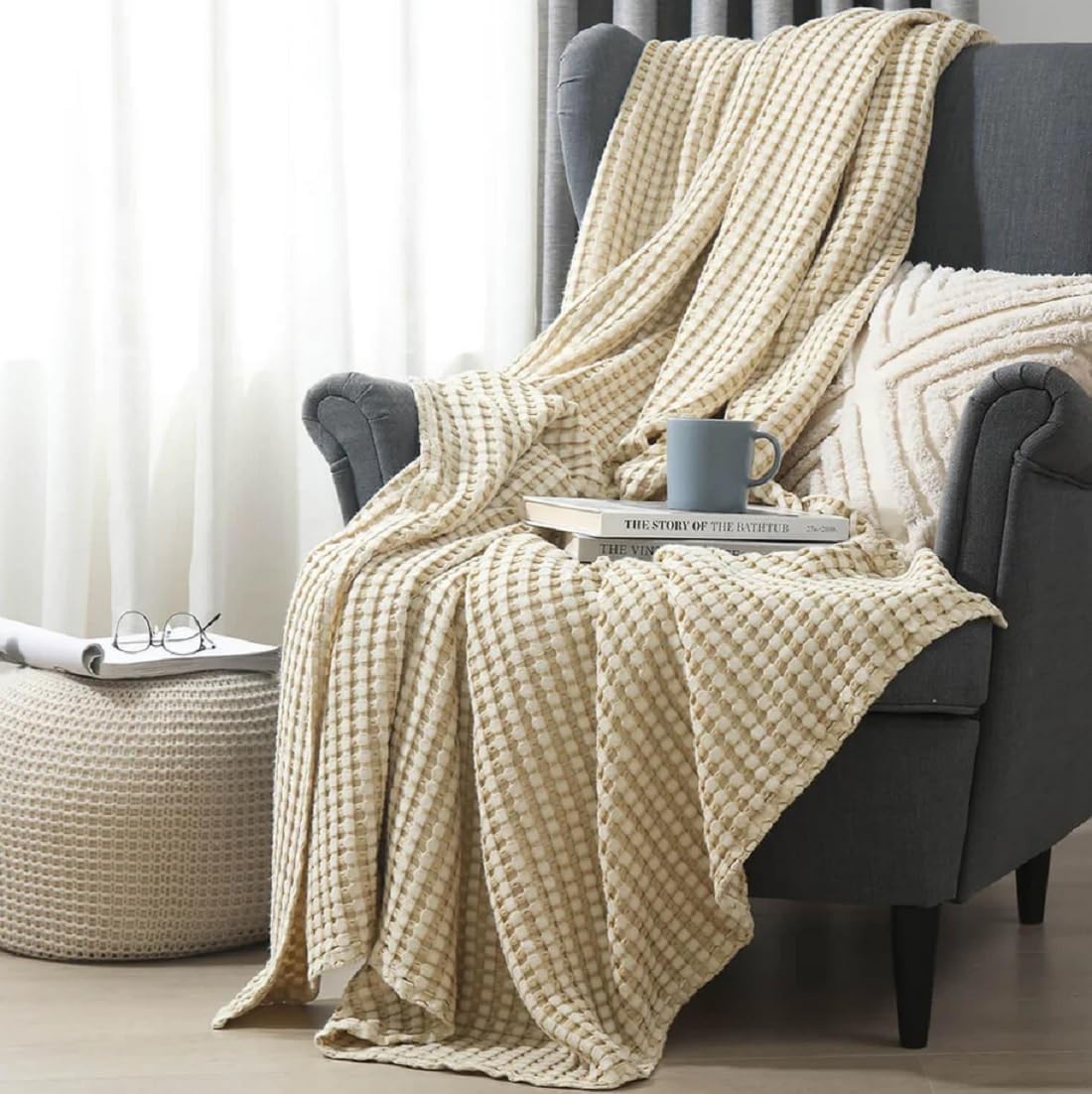Cozy Viscose from Bamboo-Cotton Blend Waffle Throw Blanket (50x70, Beige) Lightweight and Soft for Bed, Couch and Sofa