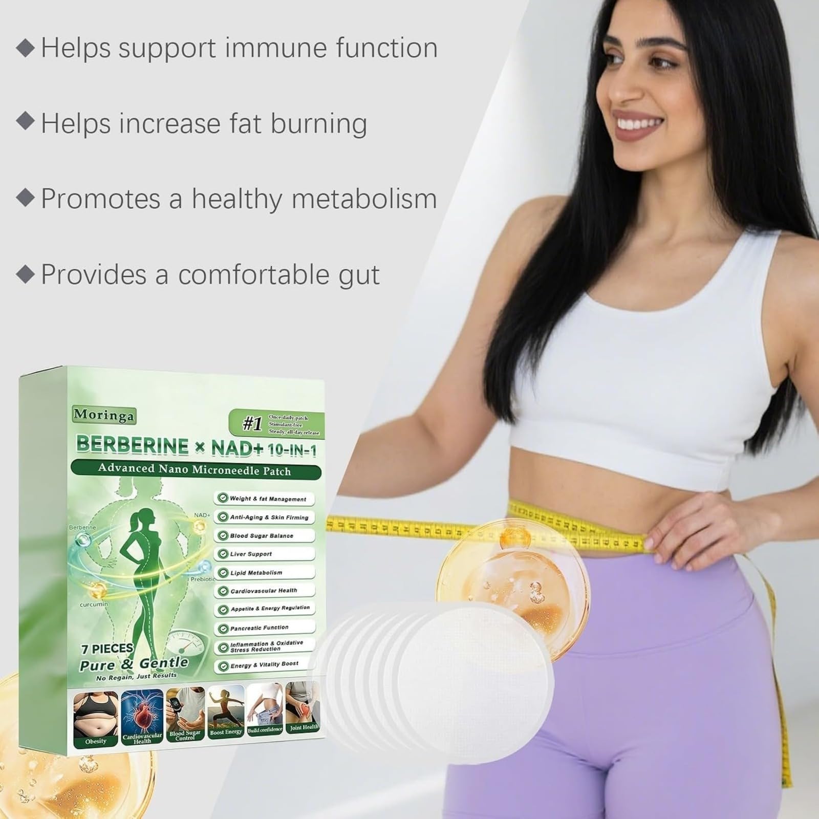 Patchs Nano-MicroAiguilles Moringa BERBERINE x NAD+ 10-en-1 | | Patch Nano Microneedle Minceur, Ingrédients Naturels, Facile à Appliquer, Invisible Sous les Vêtements