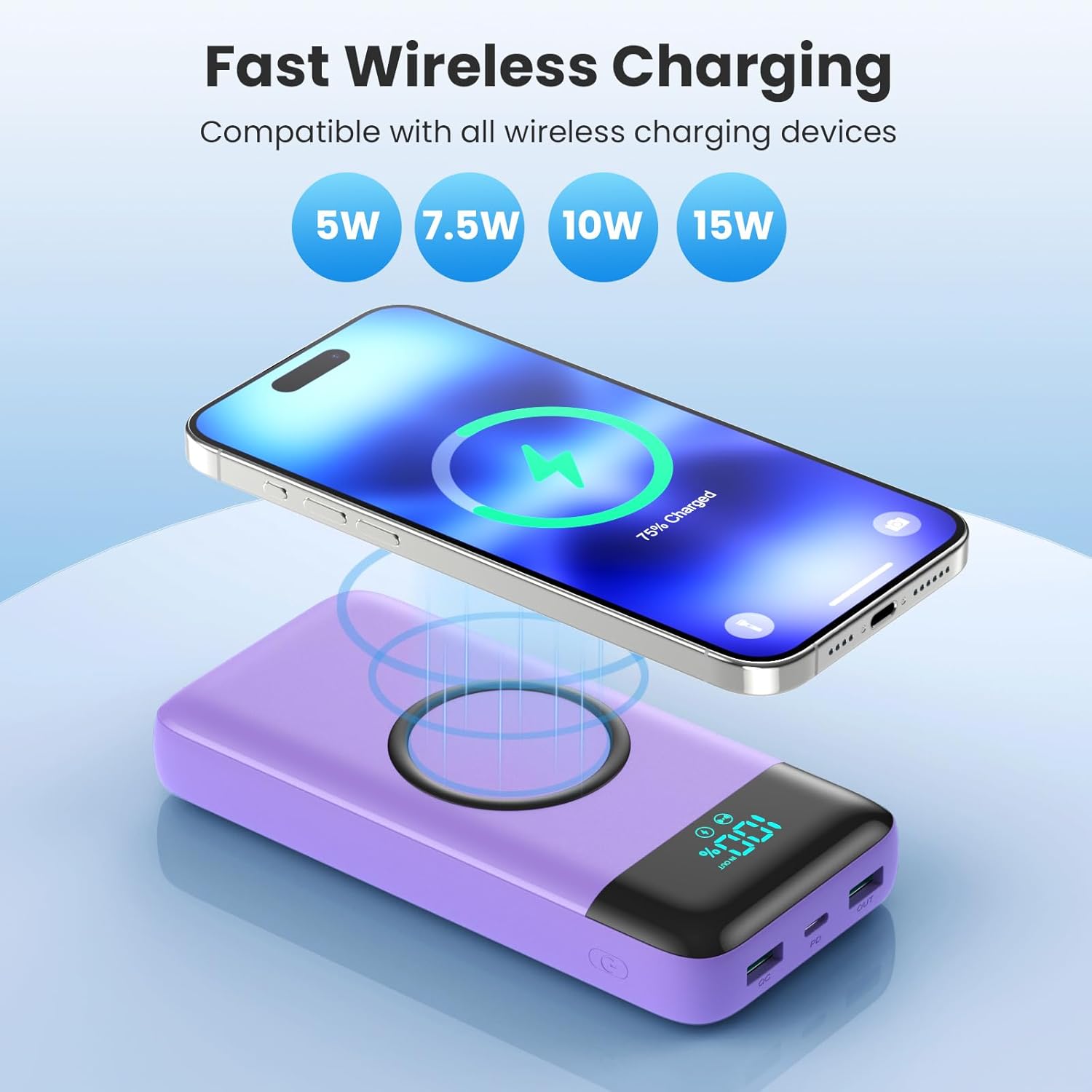 Wireless Portable Charger 40800mAh for iPhone with 3 Built-in Cables,7-in-1 15W Wireless Charging USB C Power Bank,25W PD Fast Charging Travel Essential Battery Pack for iPhone 17/16/15,Android-Purple