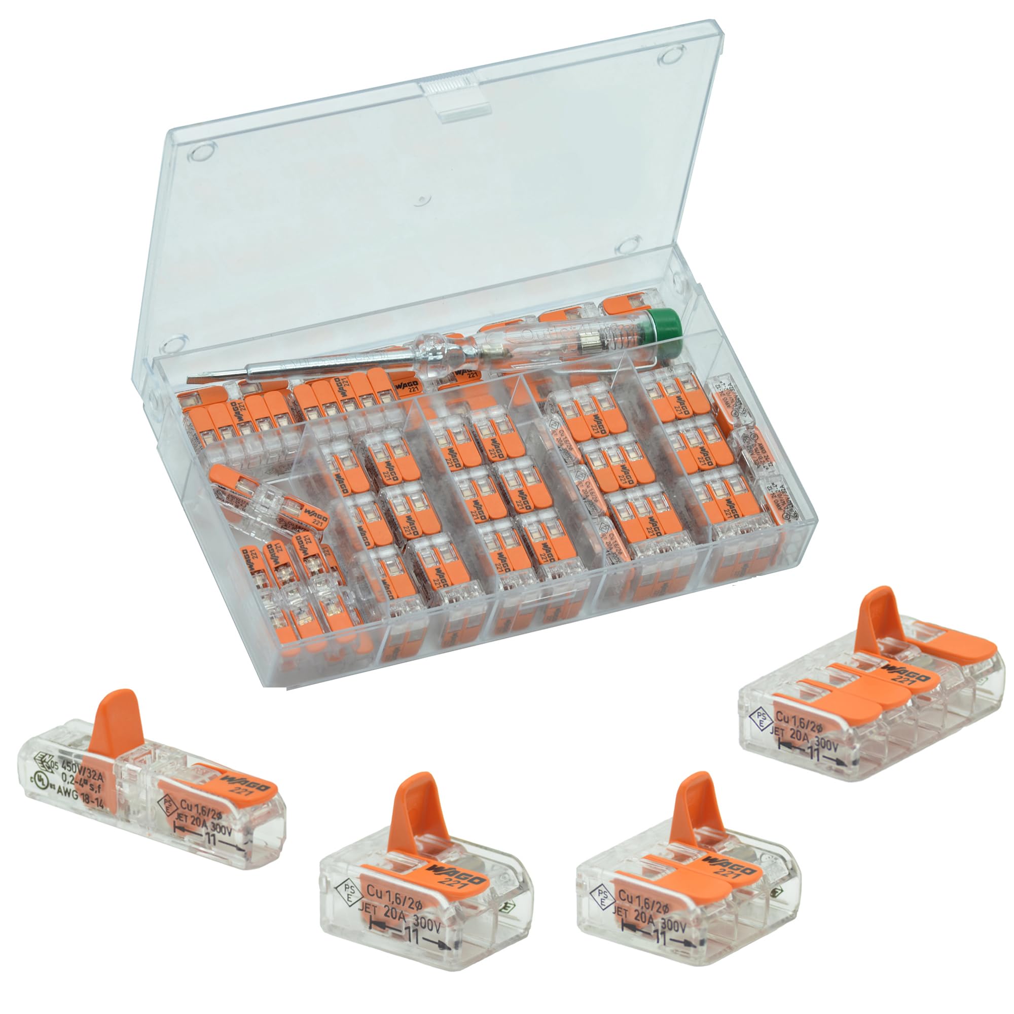 Sortimentsbox 1x Outlet4Life VDE Phasenprüfer und 70 Wago Markenverbindungsklemmen vom Typ 221, 30x 221-412, 20x 221-413, 10x 221-415, 10x 221-2411