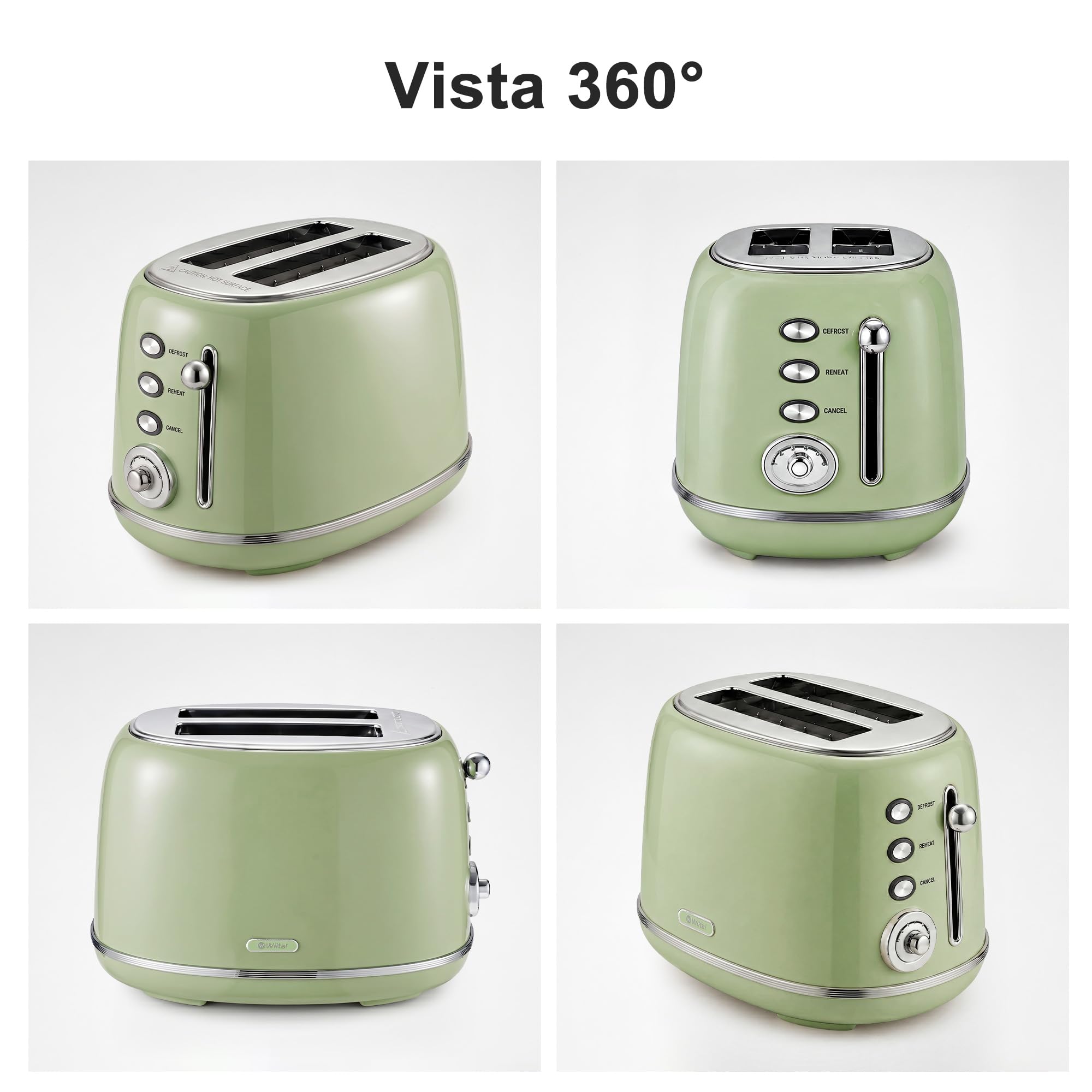 Wiltal Tostadora Retro 2 Ranuras Anchas de Acero Inoxidable – Tostador de Pan Compacto con Rejilla Calienta Pan, 6 Niveles, Función Descongelar y Recalentar, Expulsión Automática, Diseño Vintage