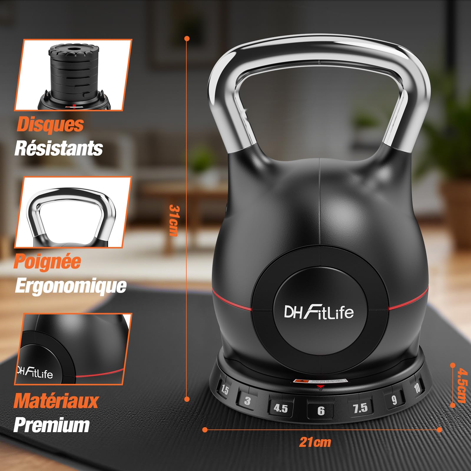 DH FitLife Kettlebell réglable 7-en-1 (1,5–10 kg) | 7 niveaux de poids | Idéal pour musculation, fitness & entraînement à domicile | Compact & peu encombrant