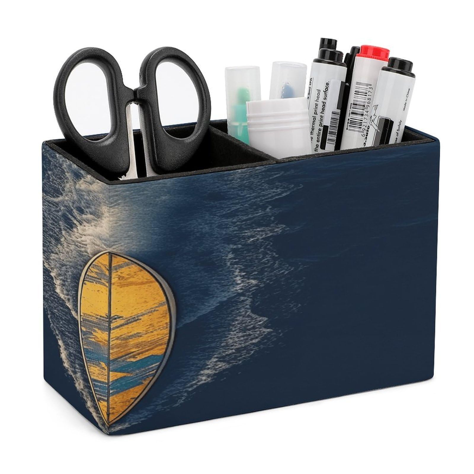 VstaDank Surfboard Pen Holder Double Compartments Pen Cup Fashion Makeup Brush Holders Leather Pencil Holder for Work Locker Accessories Modern Pencil Cup for Desk Organizer