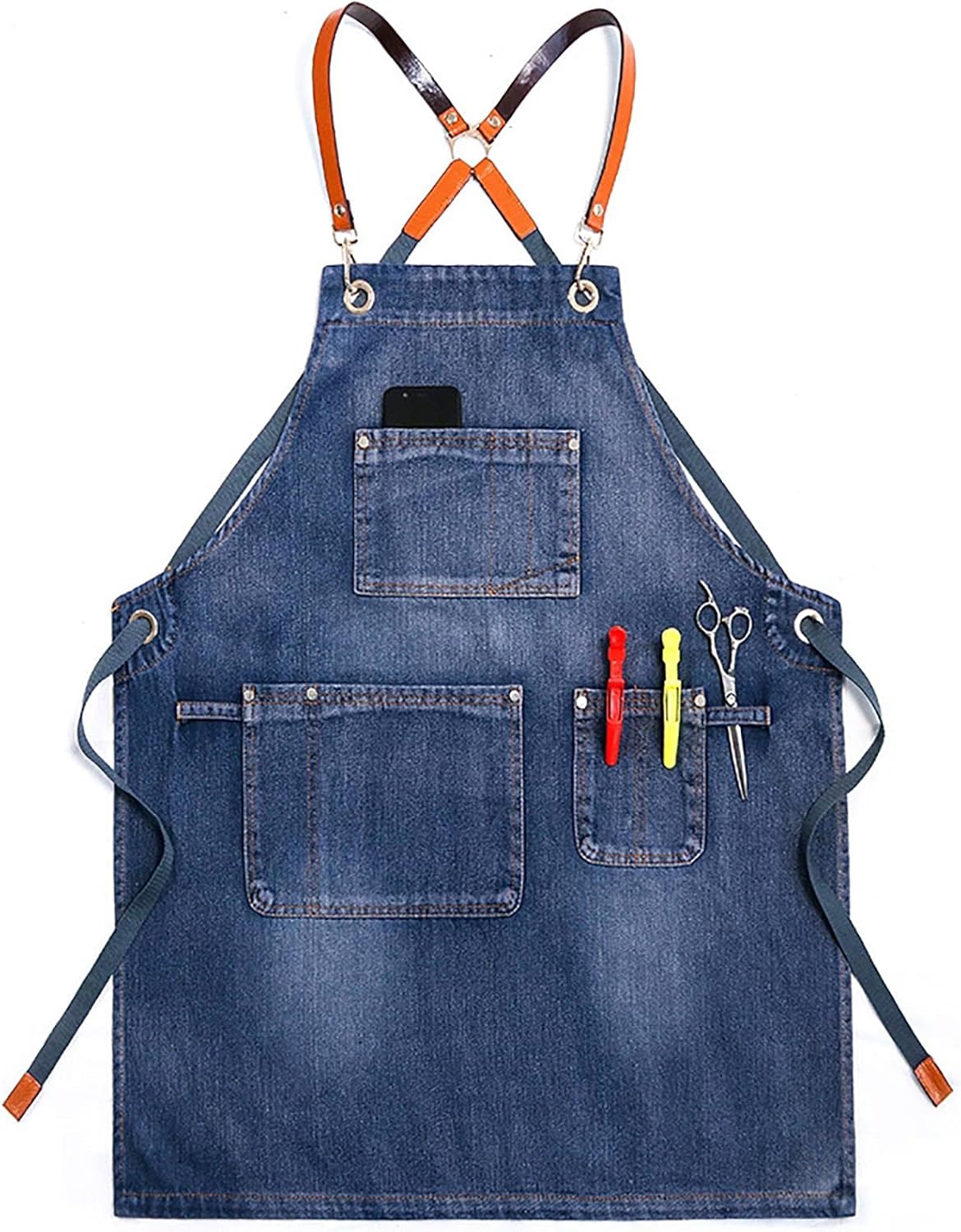 Denim Apron with Adjustable Cross Back And Multiple Pockets for Barber, Chef, Barista, BBQ, Unisex