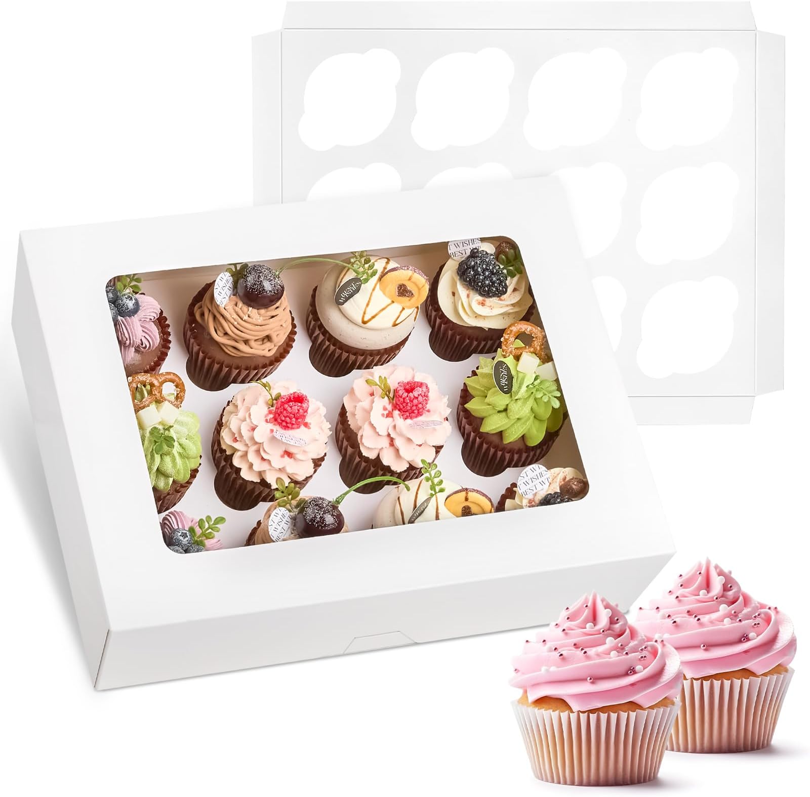 Kucoele12 Pack Cupcake Boxes, Disposable Cupcake Containers Hold 12 Count Cupcakes White Cupcake Holders Cupcake Carriers with Windows and Inserts for Muffins, Desserts, Pastries