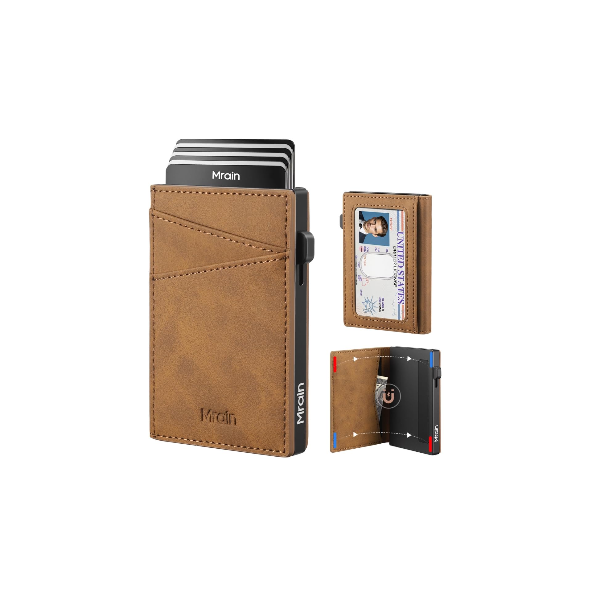 Mrain Men's Slim Wallet with ID Window Pop Up Card Holder RFID Blocking Metal Wallet with Push Button Minimalist Design for Credit Card Holder