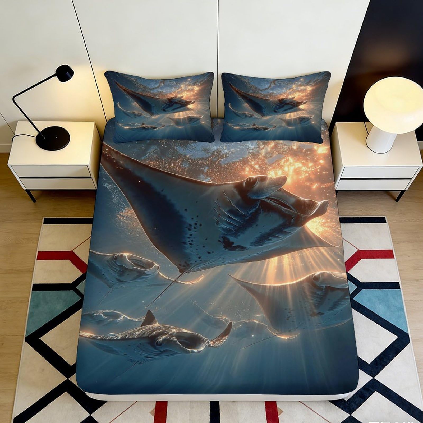 Jqzkxnhpbr Style-1 3D Printed Ocean Rays Fitted Sheet Microfiber Soft Breathable Underwater Shark Bed Cover For Bedroom Dorm Decor 90X200x25cm