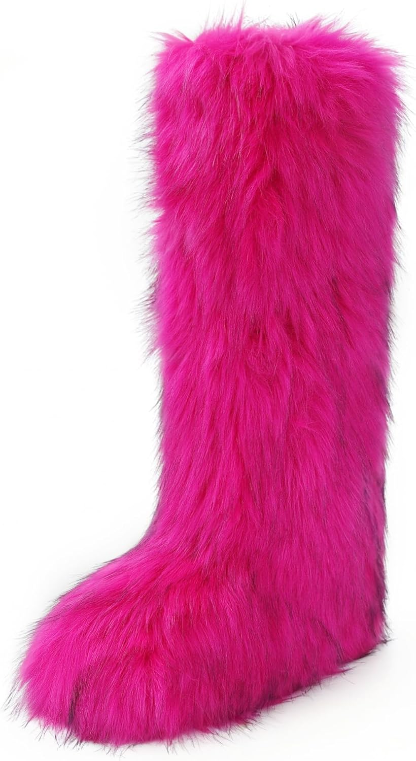 Wnshonzy Fur Boots for Women Knee High Tall Long Furry Fuzzy Black Platform Snow Winter Round Toe Comfortable Mid-Calf Short Ankle Classic Warm Outdoor