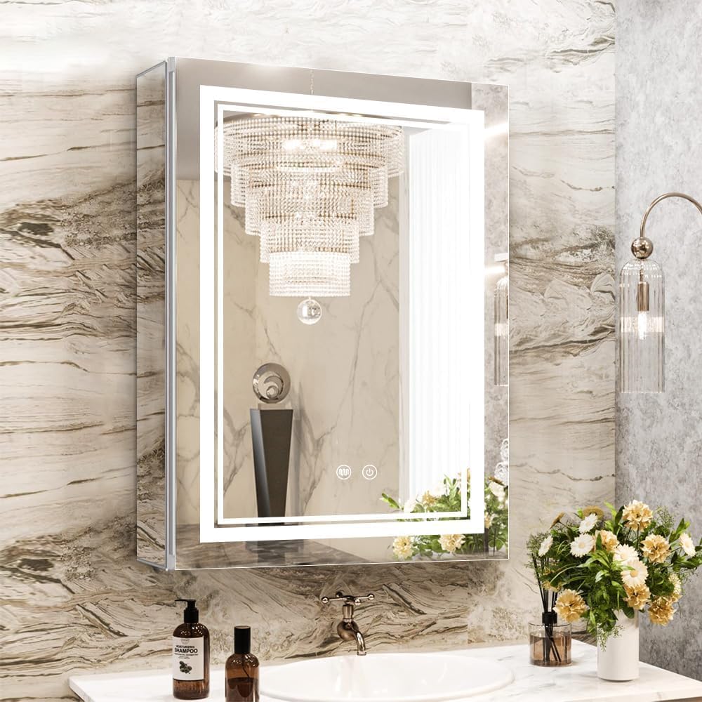 High-End Led Medicine Cabinet,Lighted Medicine Cabinet,3 Colors&Dimmable,Demister,Lighted Glass Shelf,USB Shaver Socket.Surface Mount or Recess Mount,48×32inch