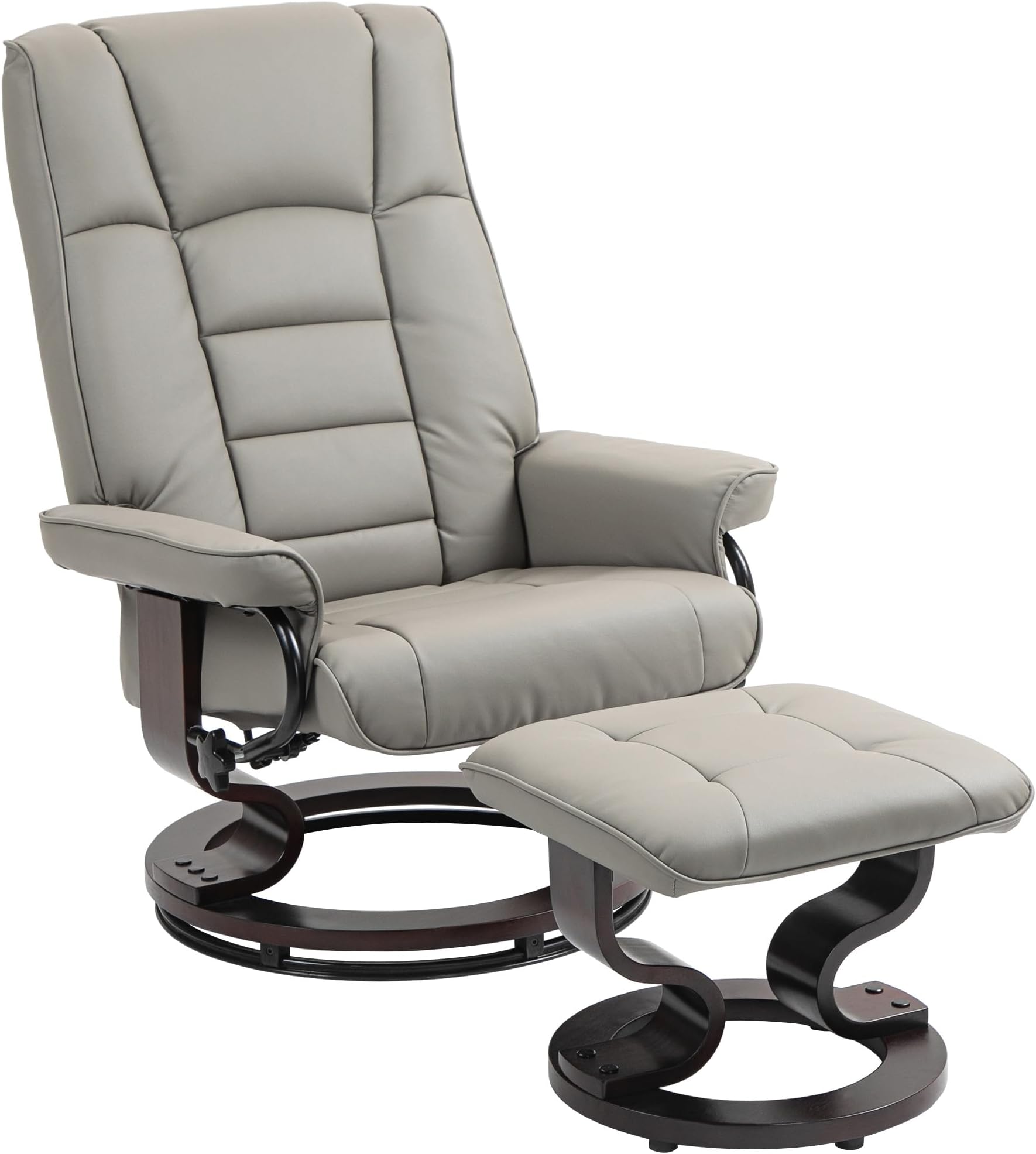 HOMCOM Faux Leather Reclining Chair, Swivel Ottoman Chair, Recliner with Ottoman with High Back and Wood Frame for Living Room, Gray