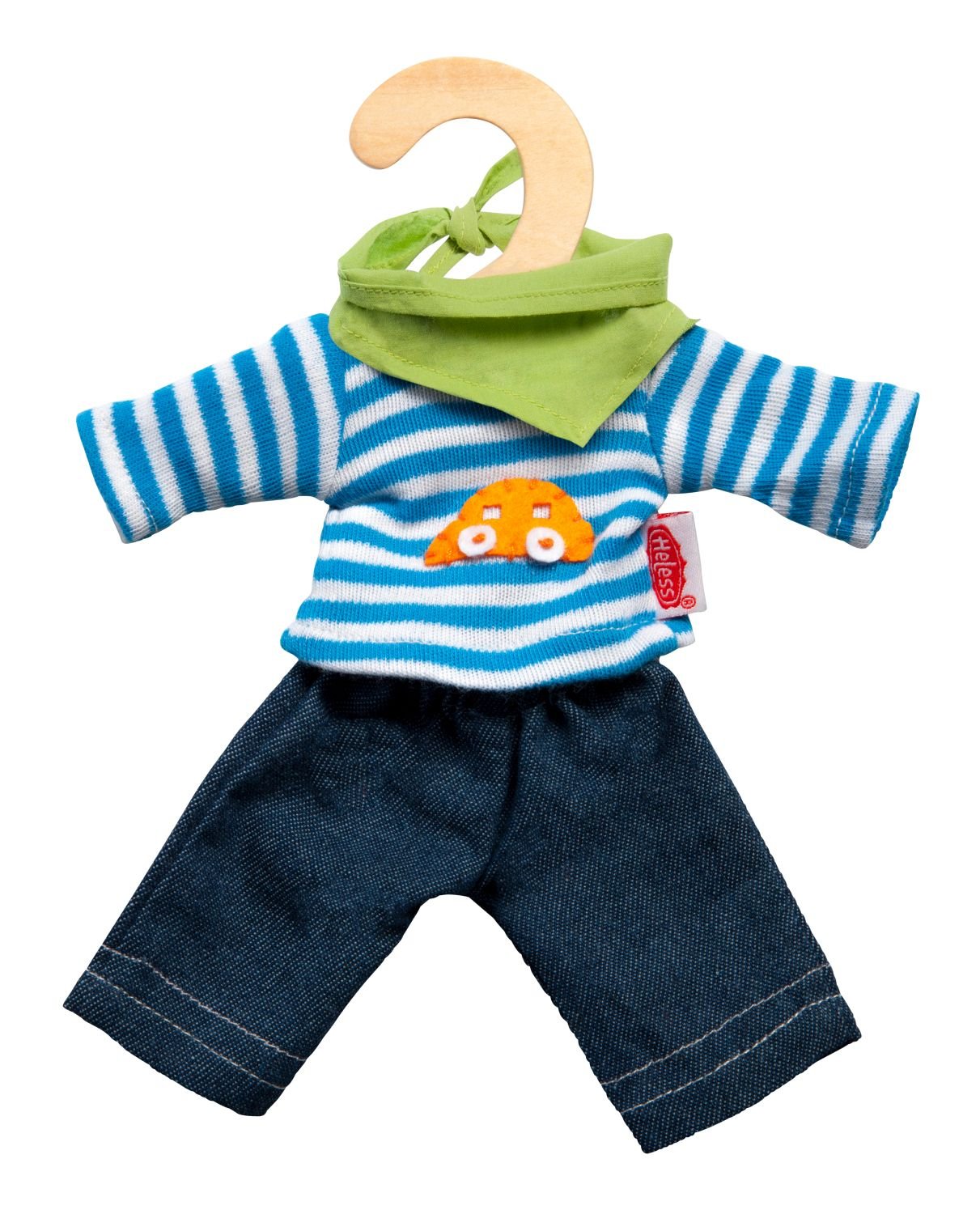 Heless Set Vestiti Per Bambole 20-25 Cm: Jeans, Maglietta A Righe Con Auto E Foulard, Abbigliamento 3 Pezzi Con Appendiabiti