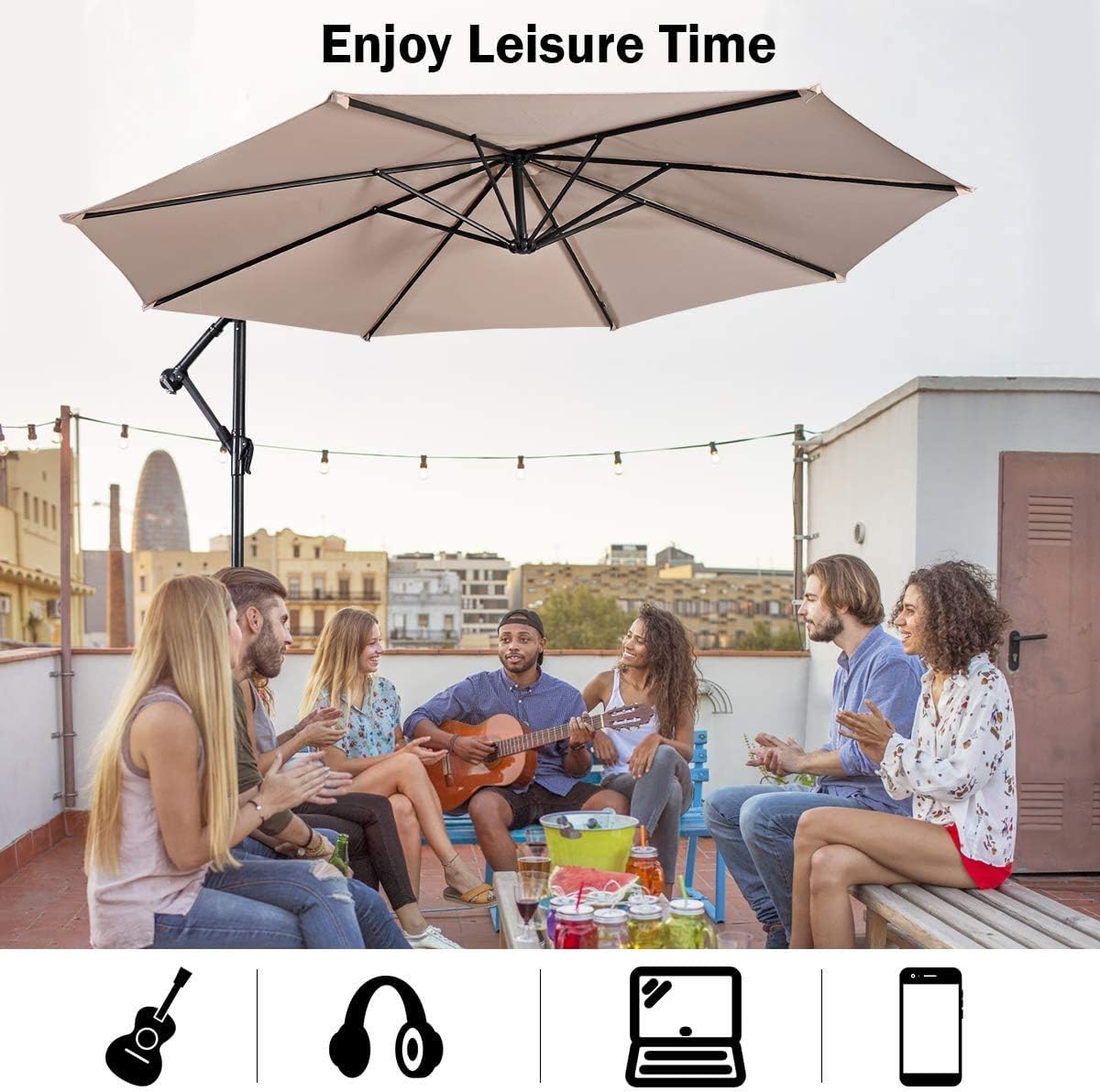 LDAILY Moccha 10 FT Patio Umbrella, Polyester Offset Hanging Outdoor Market Umbrella Cantilever Banana Umbrella with Crank System &Cross Base, for Garden, Deck, Backyard, Poolside and Beach (Beige)