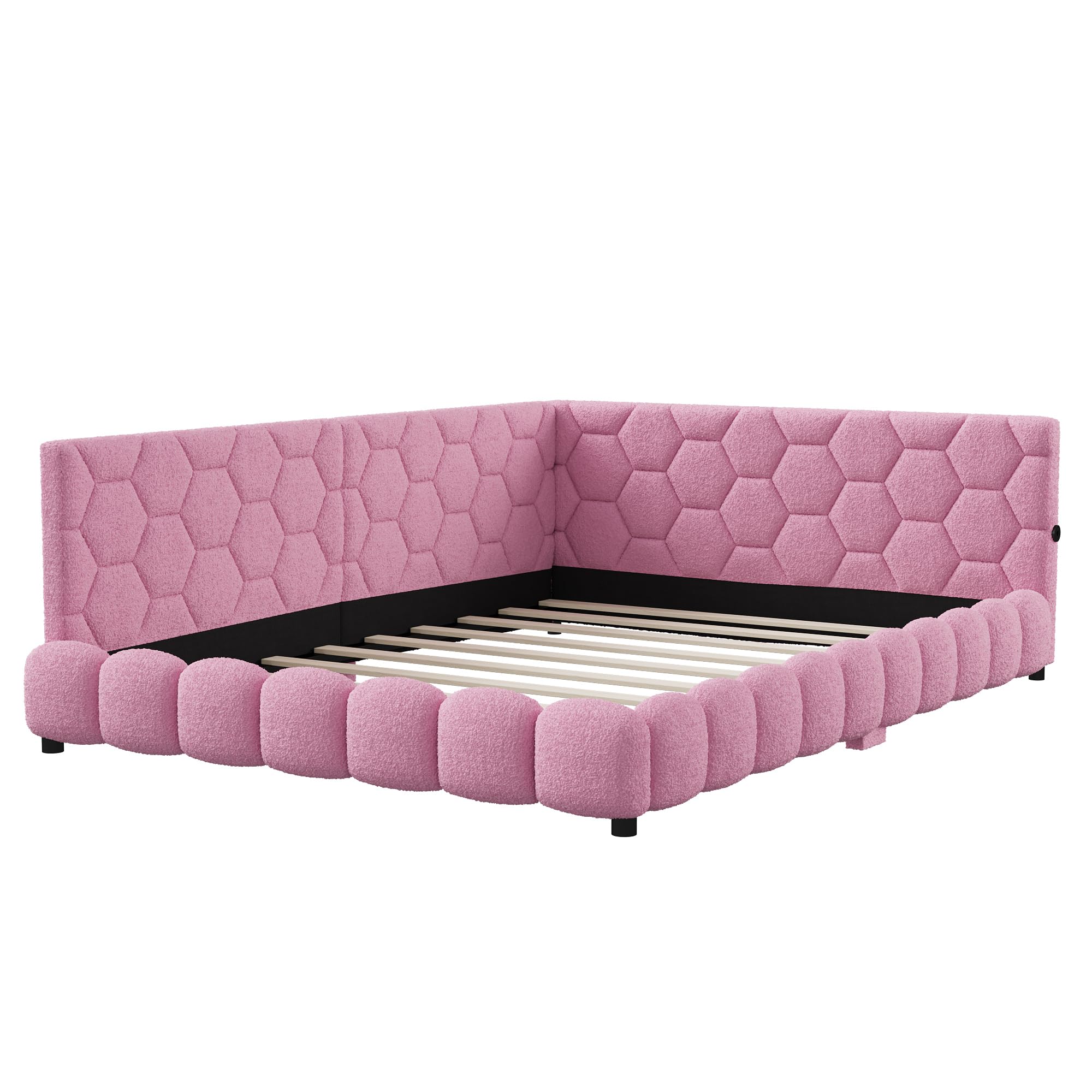 FEEOHOME Sofá cama tapizado de 140 x 200 cm, sofá cama con LED y USB, cama multifuncional con somier y patas para habitación infantil, salón, sin colchón (rosa)