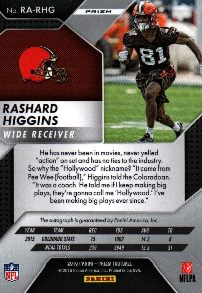 Rashard Higgins Panini Pink Prizm Autographed Rookie Card Collectible Football Card - 2018 Panini Pink Prizm Rookie Football Card #RA-RHG (Browns) Free Shipping