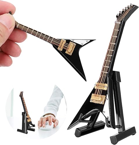 Miniatura 4 de Guitarra eléctrica en miniatura de madera, mini instrumento musical negro, modelo de guitarra de casa de muñecas en miniatura con soporte y estuche
