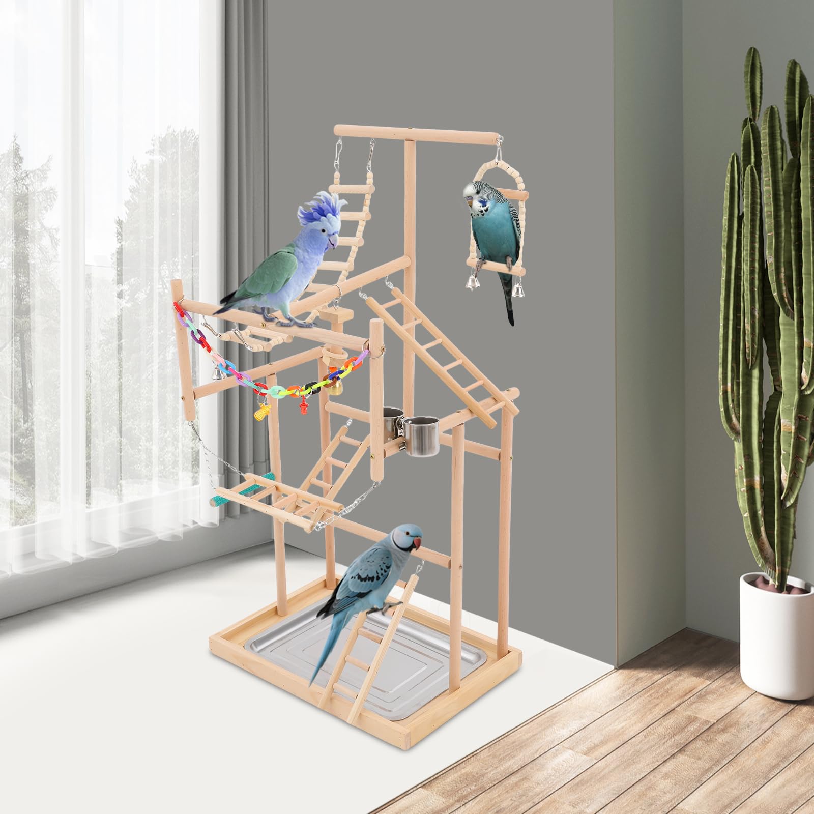 Parco giochi per pappagalli, 4 livelli, parco giochi per uccelli, con tazze, altalena in legno, scaletta, campane per pappagallini, parrocchetti, 48 x 33,5 x 94,5 cm