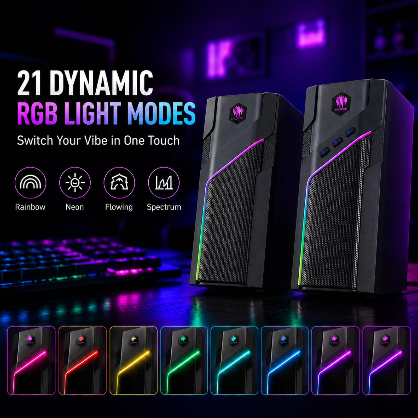 W-206RE Altoparlanti per PC desktop, luci RGB Bluetooth | 21 modalità RGB, suono stereo chiaro, Bluetooth, alimentazione USB, AUX da 3,5 mm e controllo touch per monitor