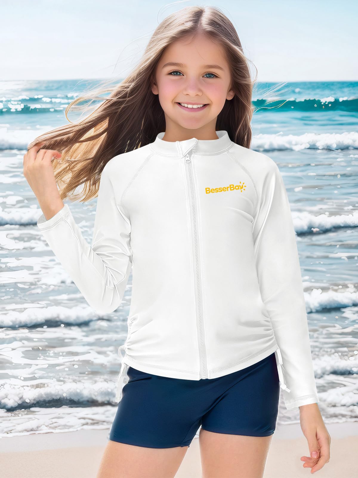 BesserBay Kid Girls Front Zip Thumb Holes Rash Guard Top Quick-Dry UPF 50+ White Orange Long Sleeve Swim Shirt 7-8 Years